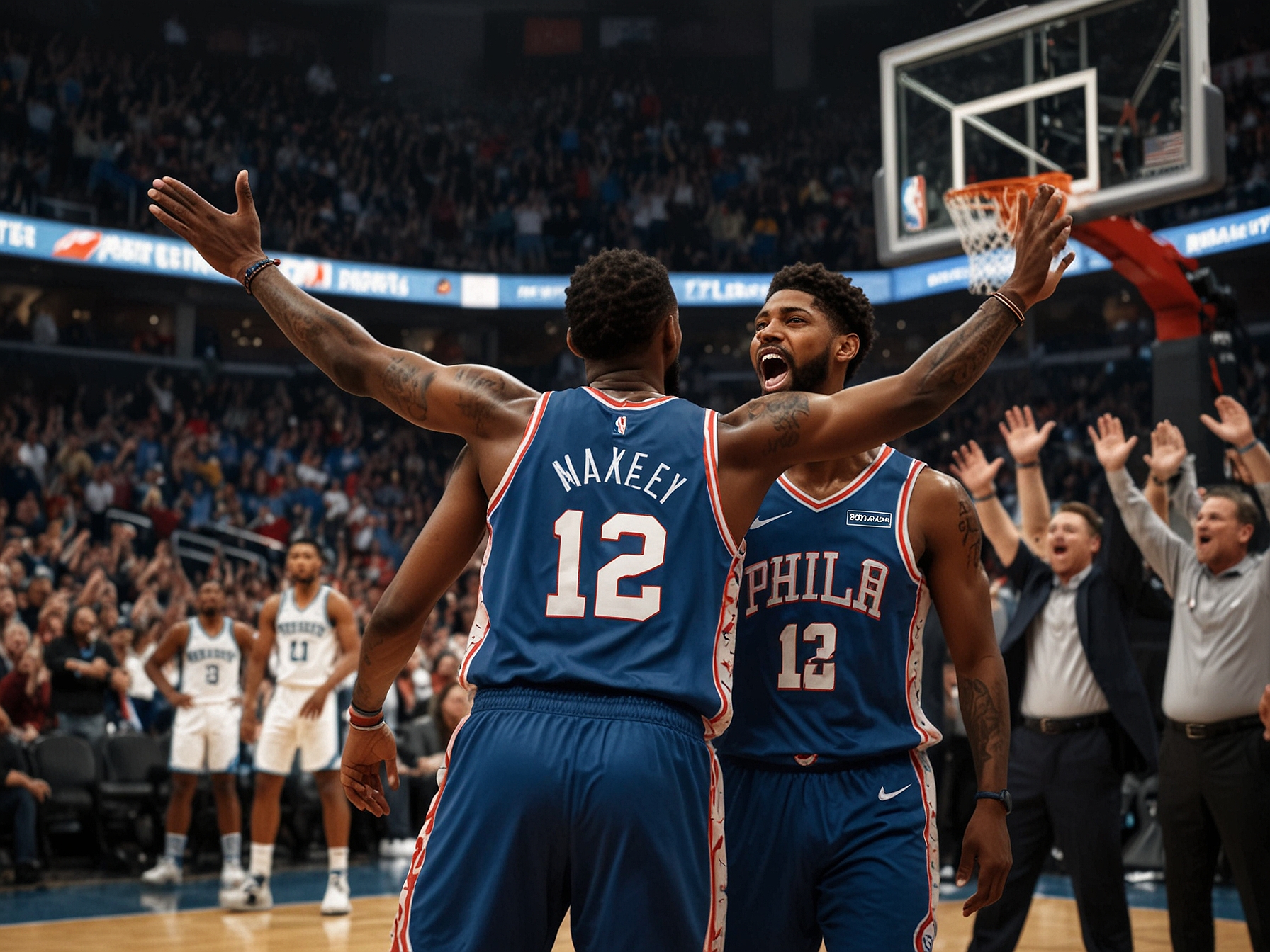 An exciting basketball game scene featuring Paul George and Tyrese Maxey celebrating a clutch moment during the 76ers' dramatic win against the Hornets, with a packed arena cheering in the background.