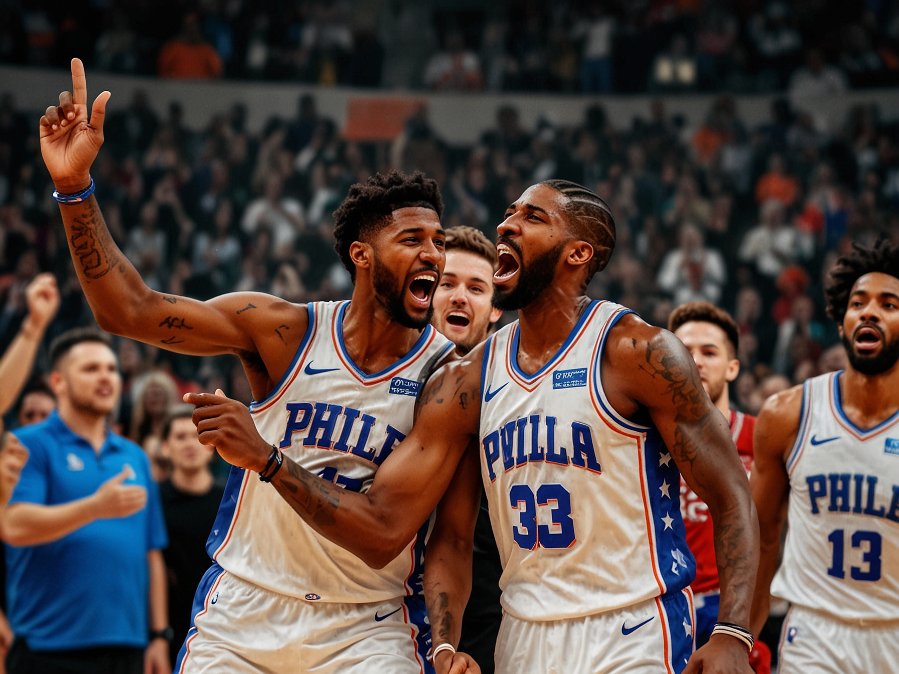 The Philadelphia 76ers' bench cheering enthusiastically, illustrating the team's depth and camaraderie as they support their teammates on the court during the tense moments of the match.