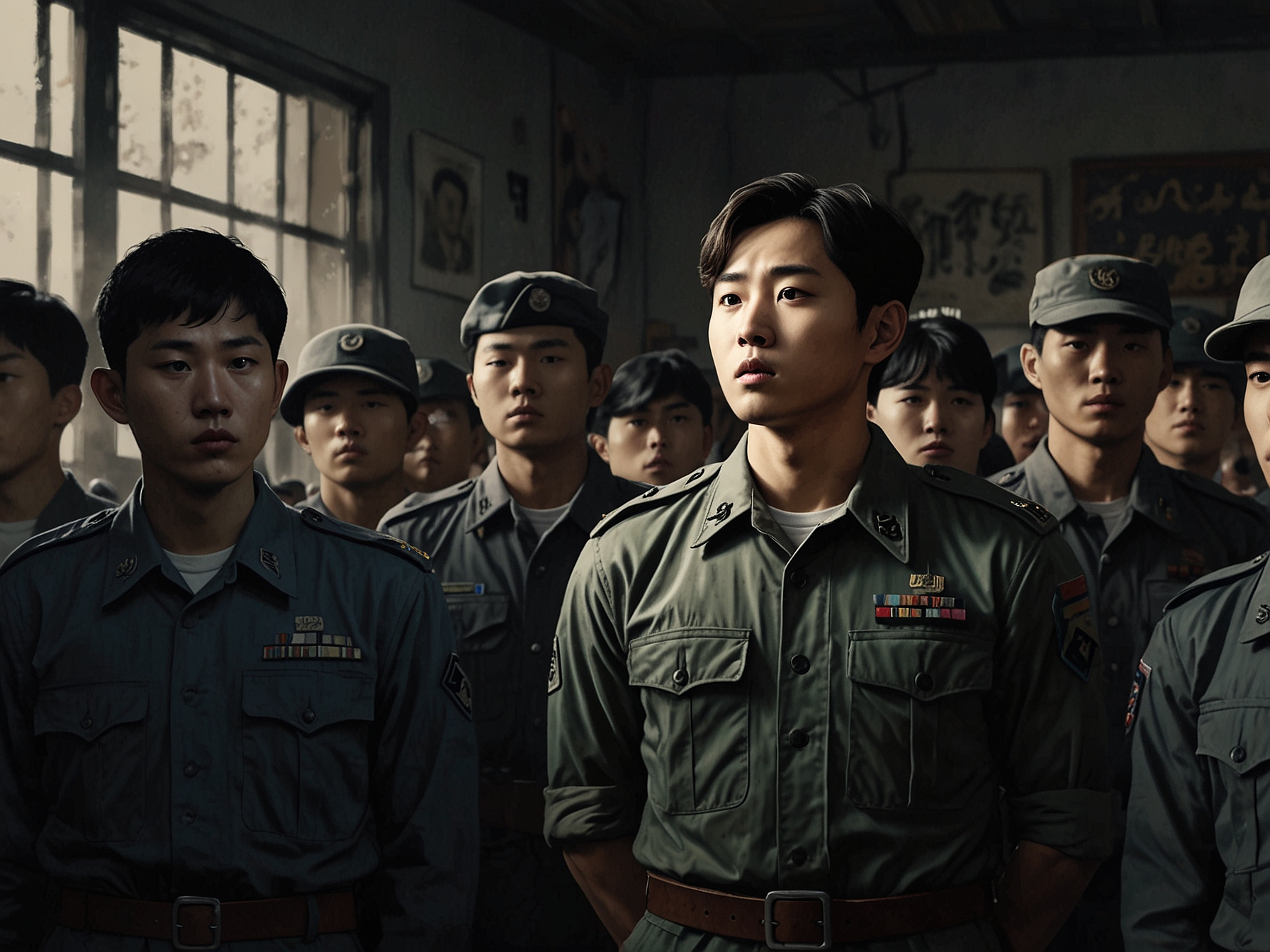 Lee Gwan-hoon standing among young soldiers, addressing them with a mix of authority and empathy during a tense moment of martial law in South Korea.