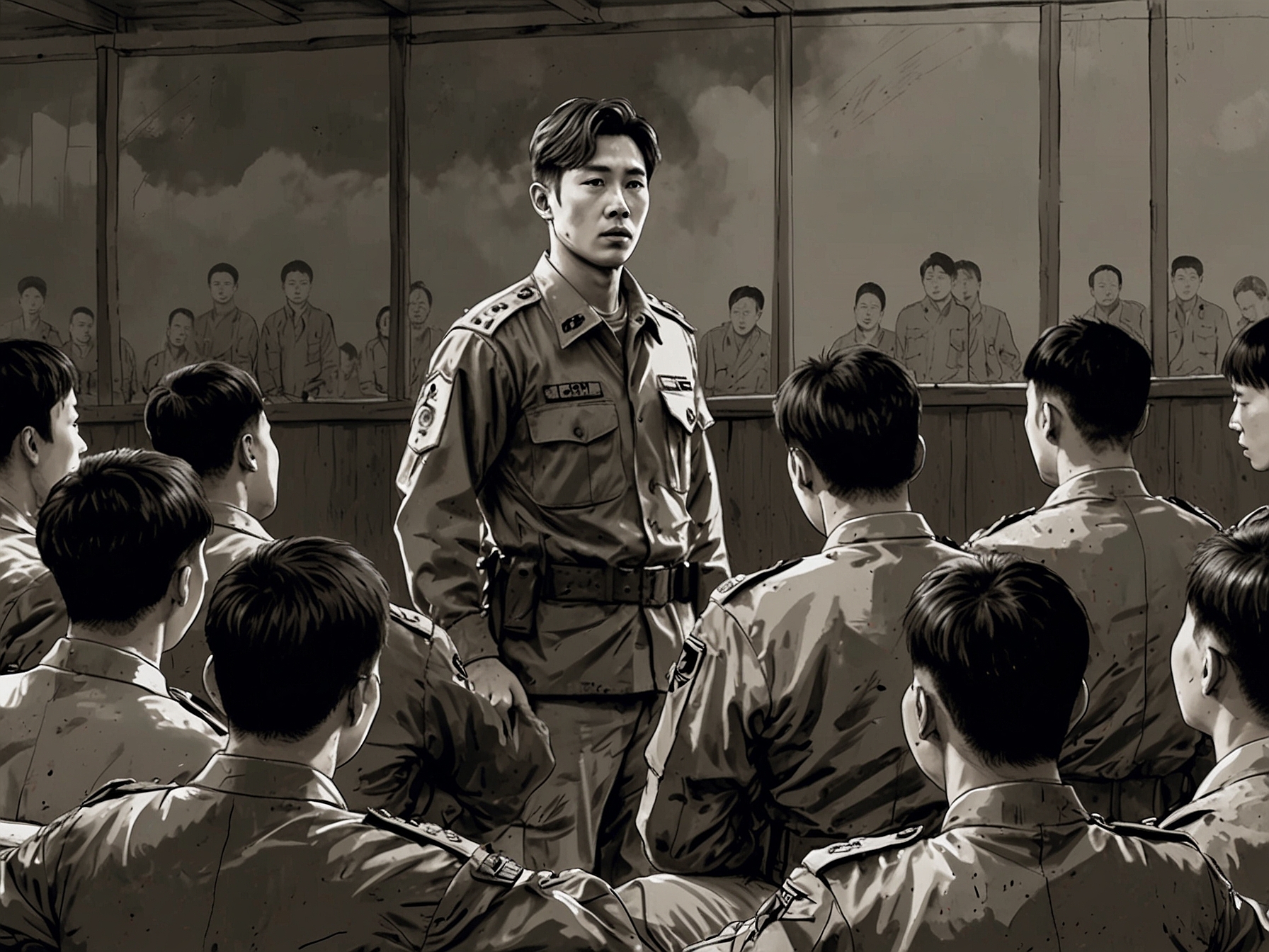 A close-up of Lee Gwan-hoon as he speaks to the martial law forces, conveying sincerity and calmness with a backdrop of soldiers in uniform.