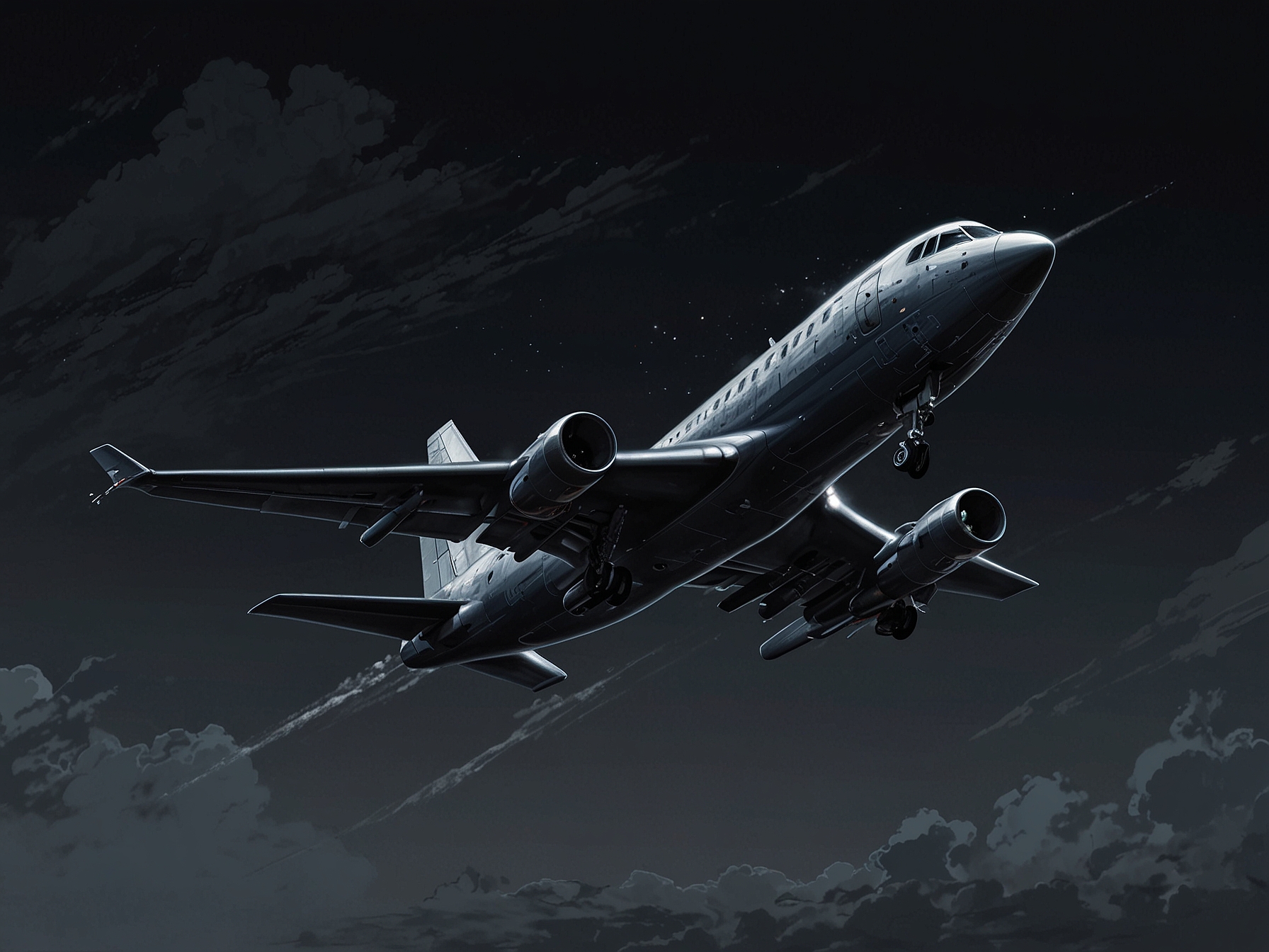 A dark twilight sky with a sleek, silver aircraft zooming silently, leaving no trails or sound, capturing the essence of the mysterious Ghost Plane sightings.