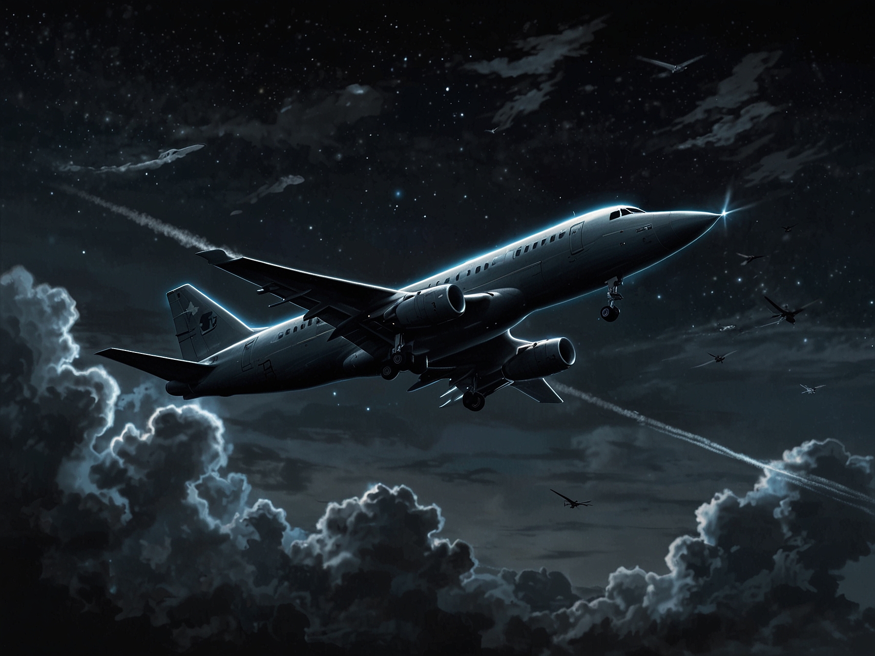 Eyewitnesses point towards the sky as they watch the elusive Ghost Plane, a sleek, silver figure darting through a dusky backdrop, invoking awe and mystery.