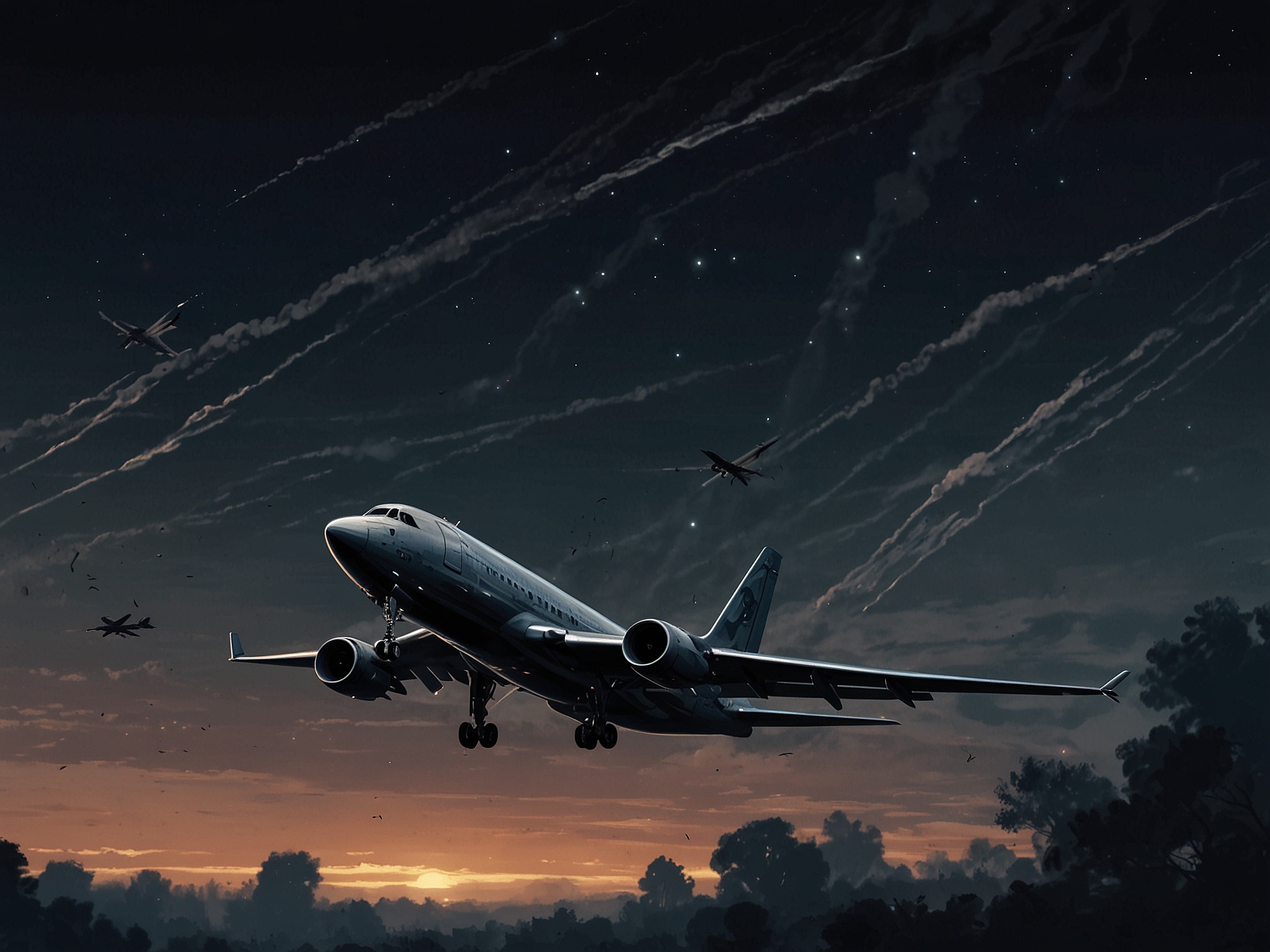 A collage of silhouettes depicting various shapes of aircraft against a night sky, emphasizing the speculation surrounding the Ghost Plane and its enigmatic presence.