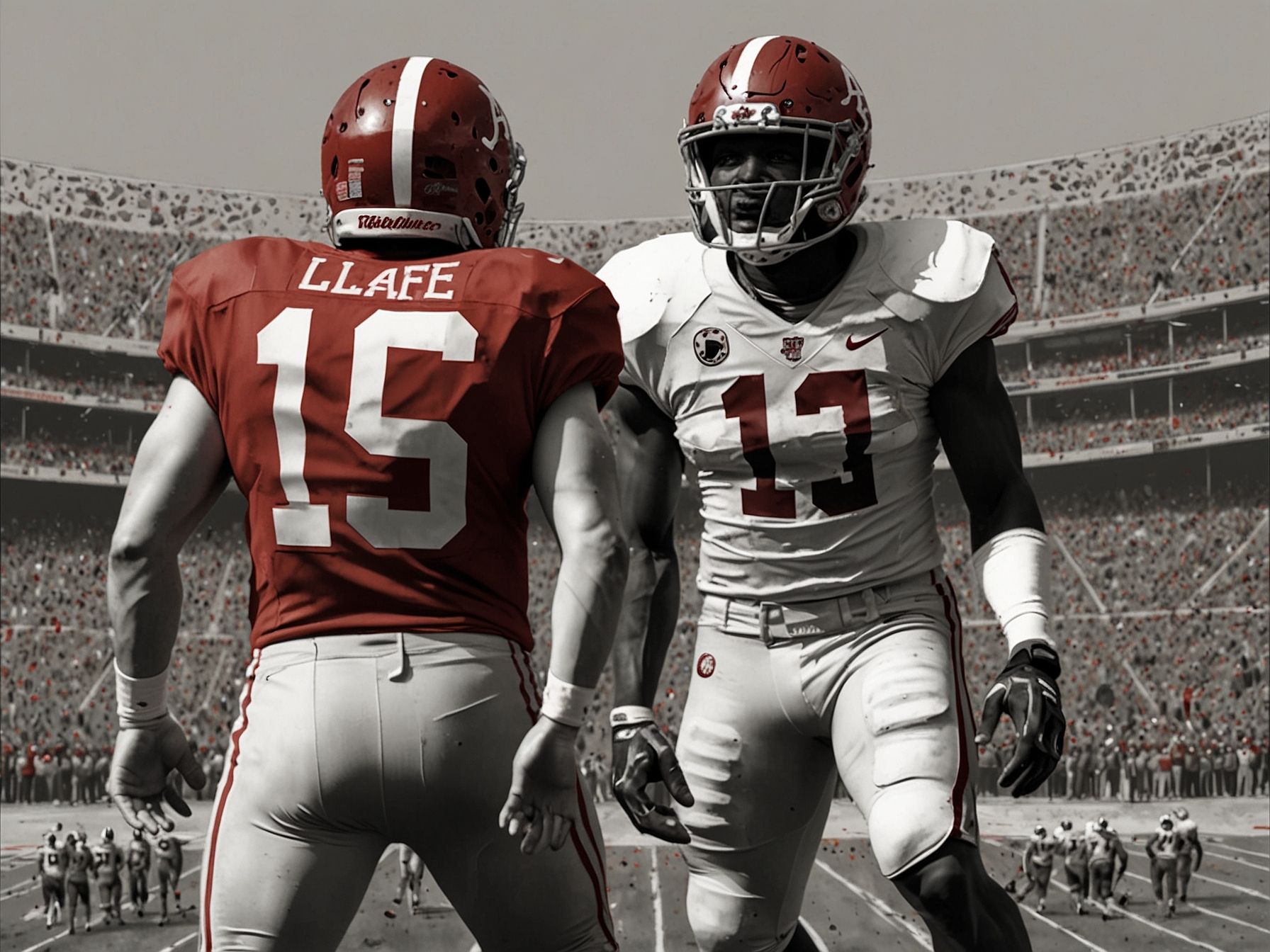 An intense college football game where Alabama Crimson Tide is facing off against a ranked opponent, showcasing passionate fans, spirited players, and the high-stakes atmosphere typical of a playoff chase.
