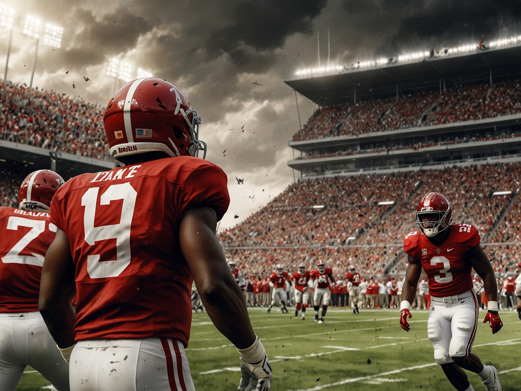 A dynamic shot featuring Alabama's coach strategizing on the sidelines during a crucial moment in the game, with players focused and ready, symbolizing their determination to overcome challenges in pursuit of a playoff berth.