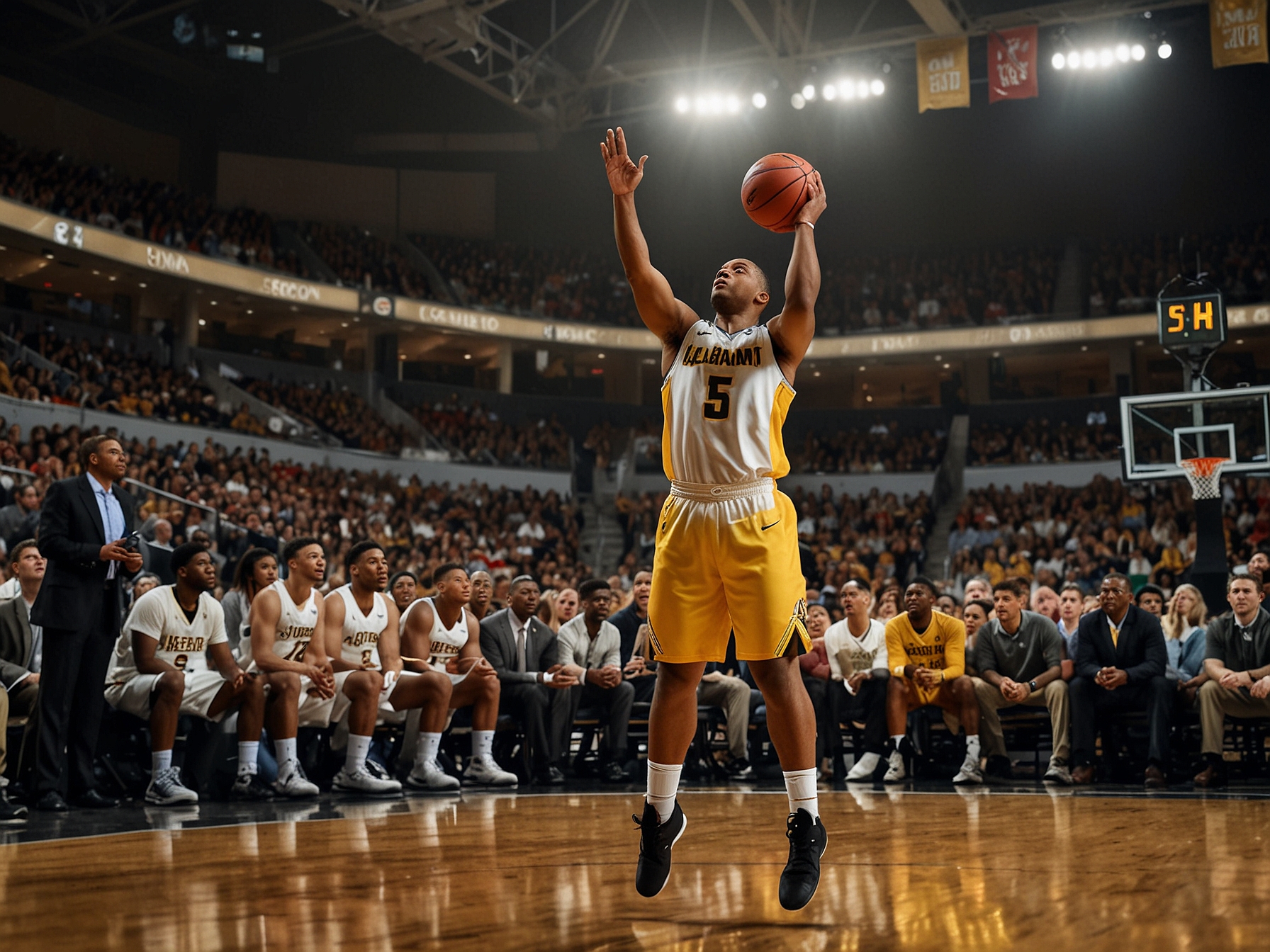 An action shot of Kario Oquendo shooting a three-pointer during the game against Alabama State, with fans cheering in the background, capturing the excitement of college basketball.
