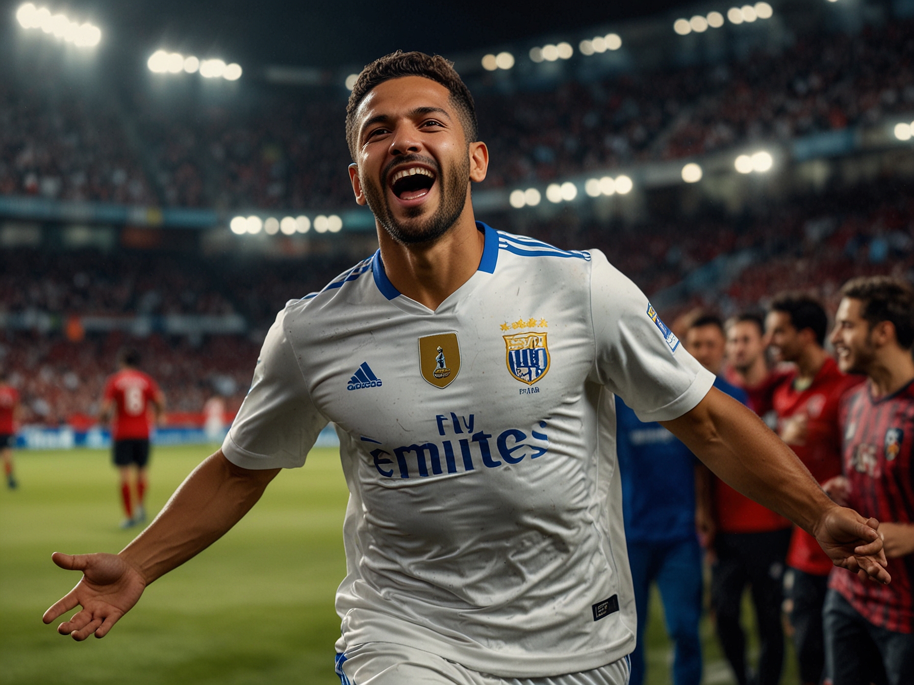 Raphinha celebrating his second goal against Mallorca, showcasing his joy and determination on the field with his teammates in the background. The stadium is packed with cheering fans, creating an electric atmosphere.