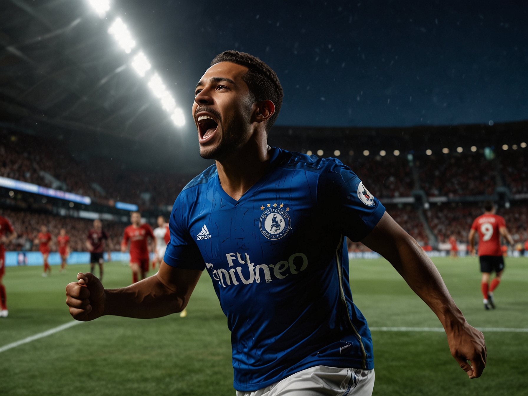 The moment Raphinha scores his first goal, with the ball hitting the back of the net while players from both teams react, illustrating the intensity and emotion of the match.