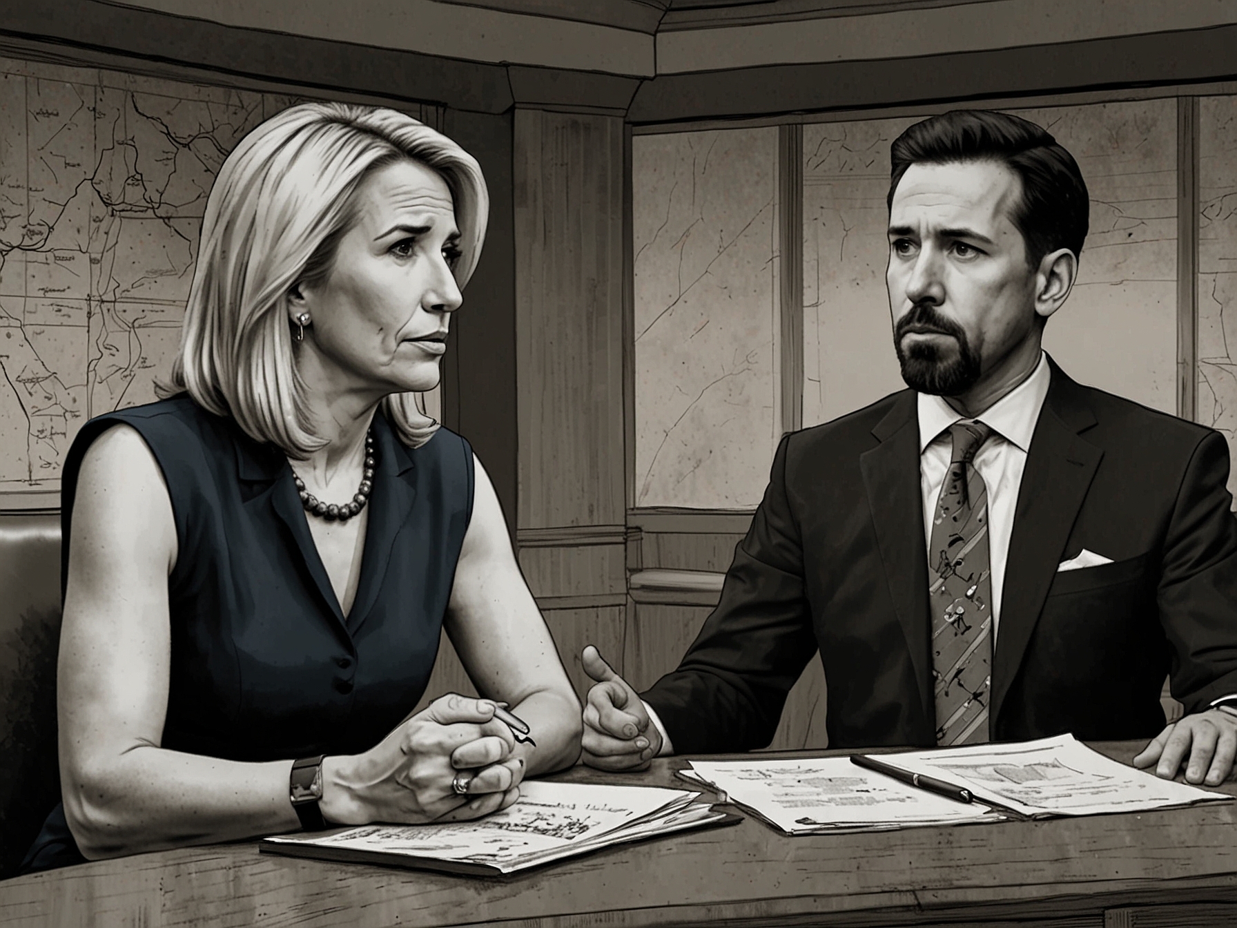 A split image featuring a concerned Laura Ingraham and a contemplative Jason Miller during a televised discussion on Fox News about the potential for Biden to pardon Trump.