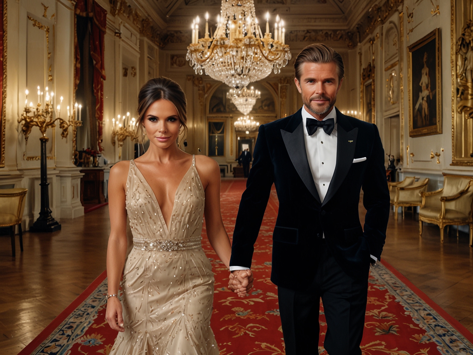 David and Victoria Beckham arrive hand in hand at Buckingham Palace, surrounded by opulence, with sparkling chandeliers illuminating their joyful smiles.