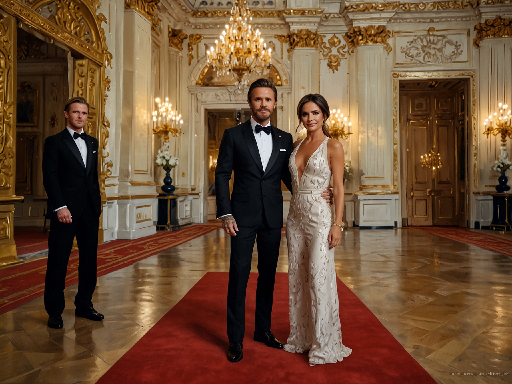 A lavish banquet table is set at Buckingham Palace, showcasing fine dining, adorned with royal insignia and surrounded by distinguished guests, including King Charles.