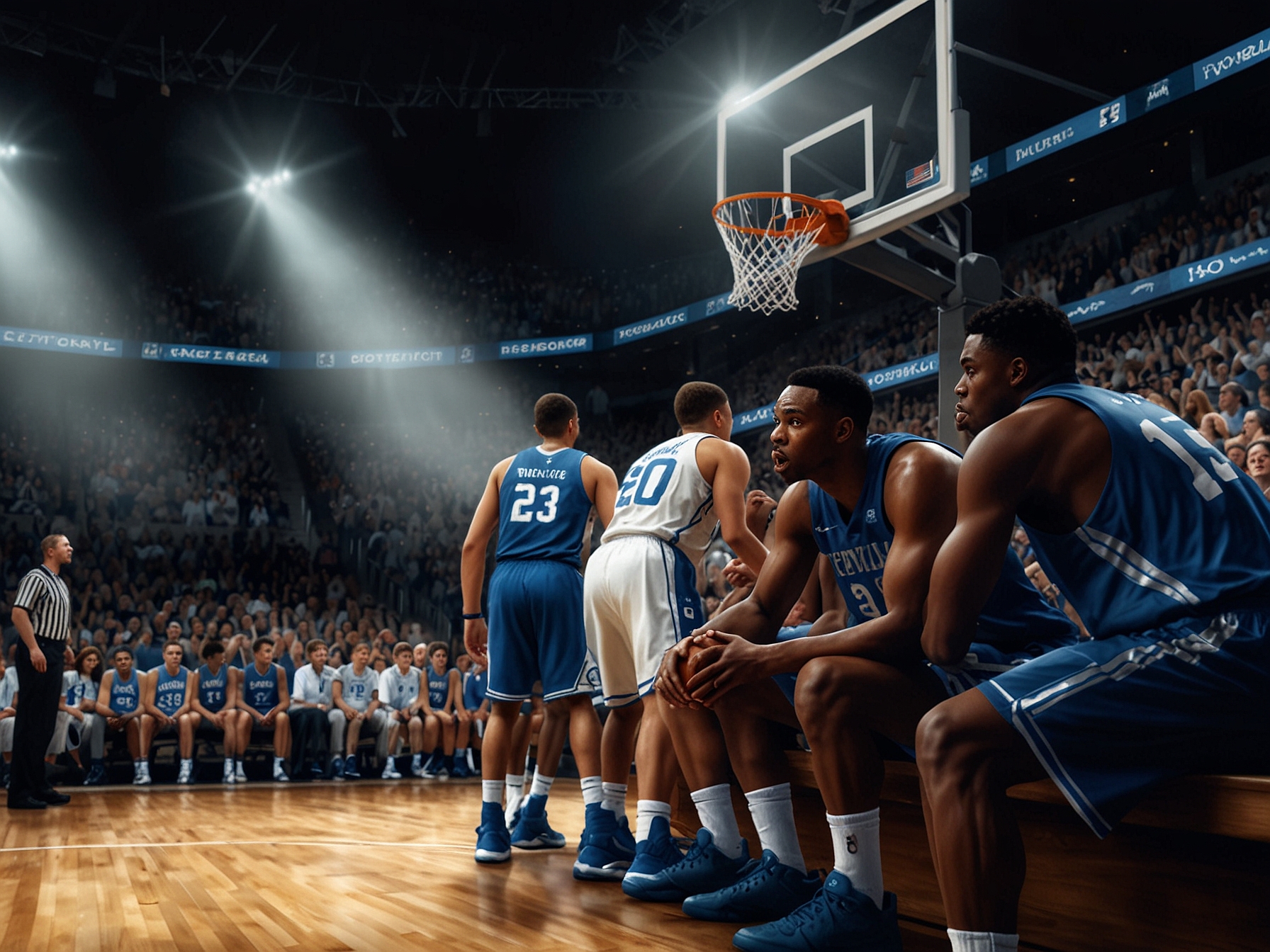 A dramatic moment during the basketball game showing Kentucky players reacting to a missed shot, with the crowd in the background, capturing the atmosphere of tension and disappointment.