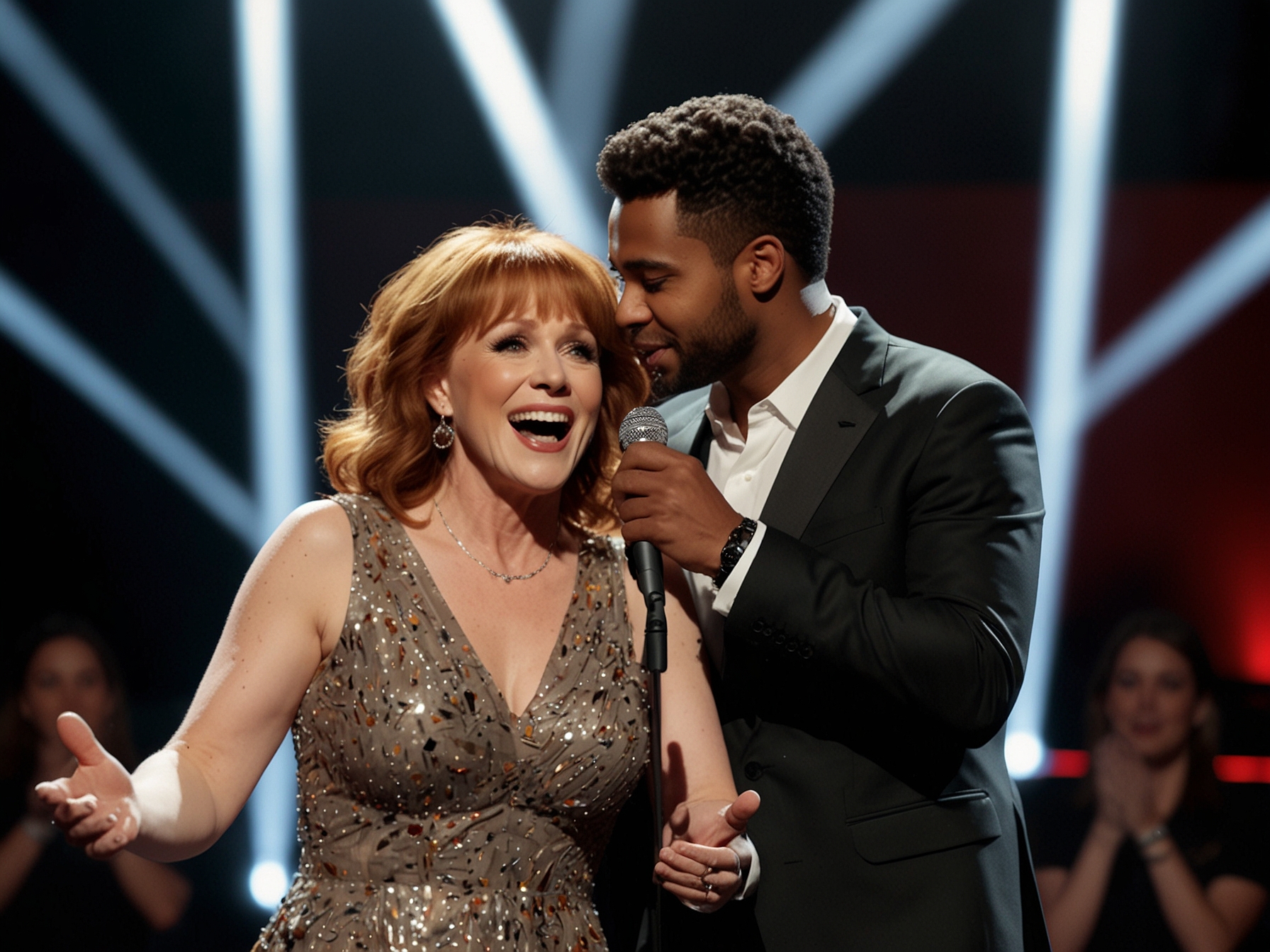 A dramatic scene from The Voice finale, showing Team Reba's coach Reba McEntire and contestant Danny Joseph, expressing emotions after his powerful performance on stage, with bright spotlights and an engaged audience.