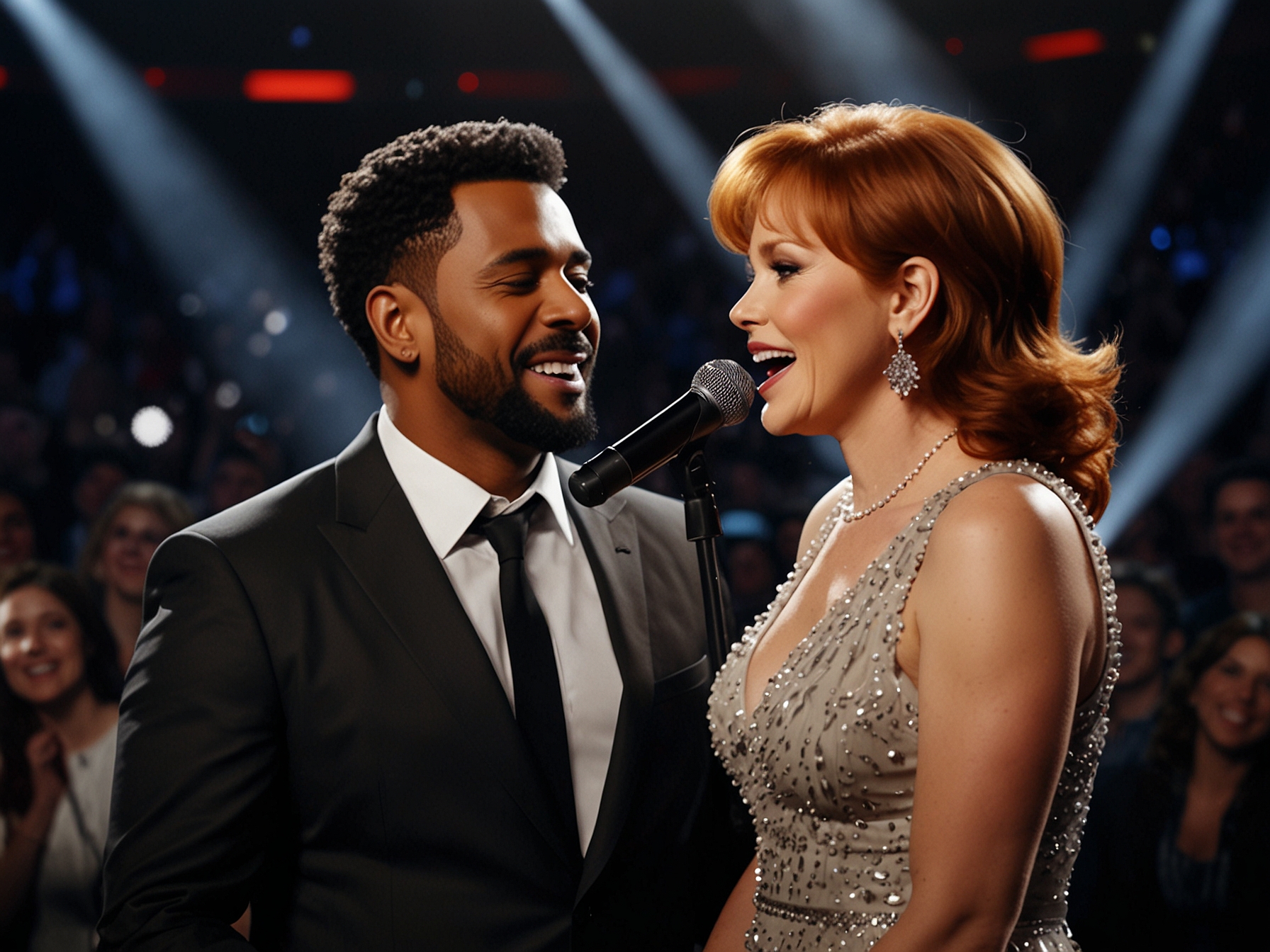 Contestants from different teams performing on stage during The Voice finale, capturing the diverse talents and unique styles, while the crowd and coaches cheer and react passionately.