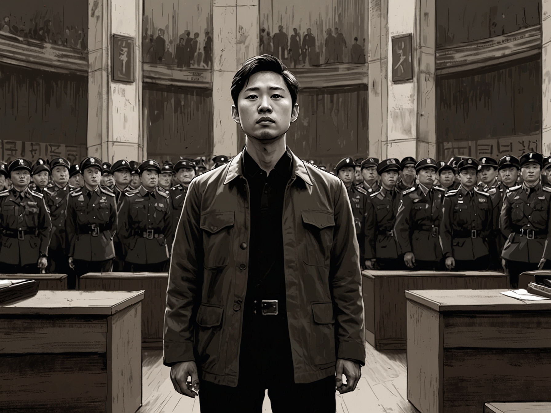 An image depicting actor Lee Gwan-hoon standing confidently in front of martial law forces at the National Assembly, conveying calm yet assertive demeanor amidst a tense atmosphere.