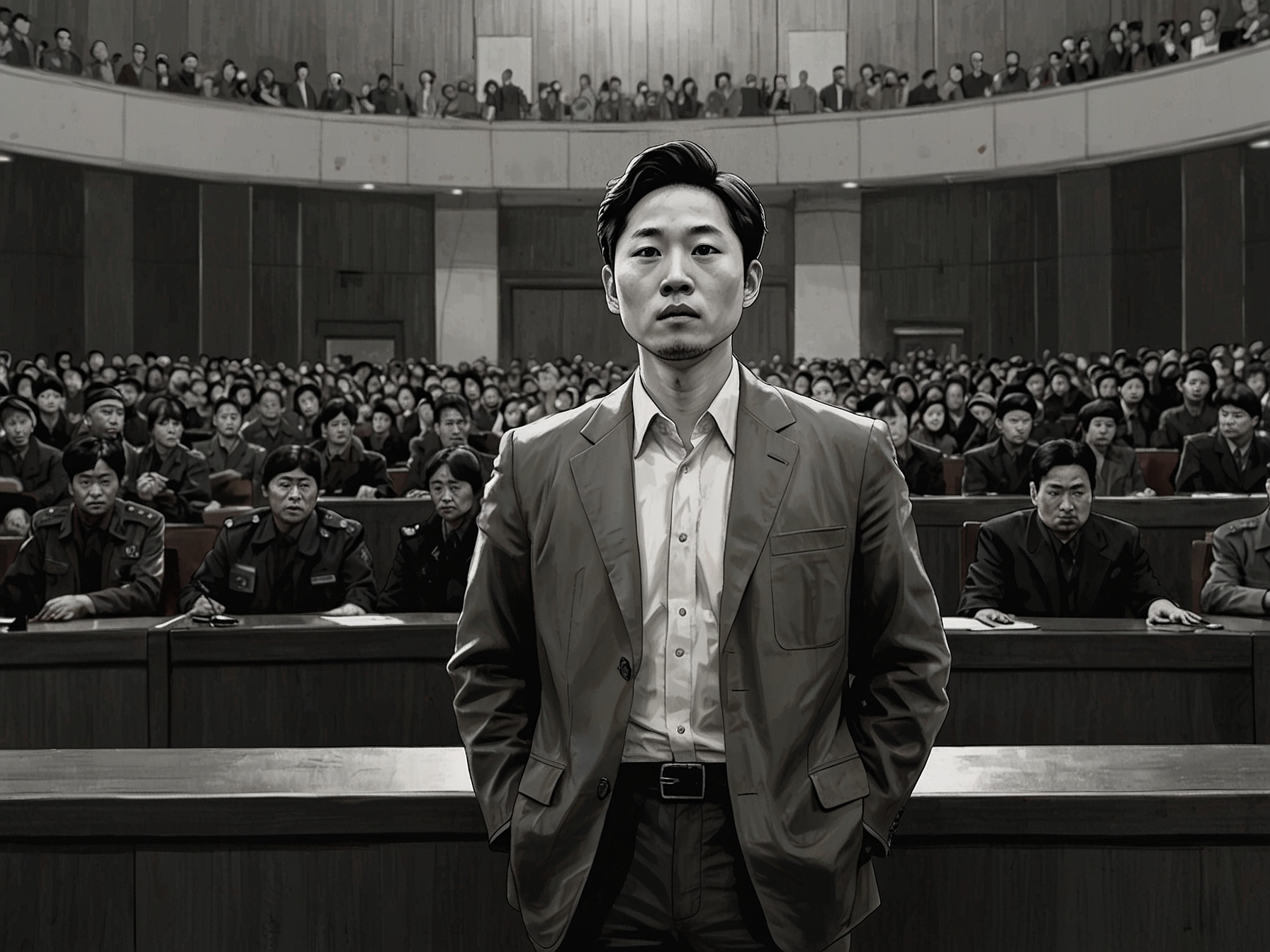 A dramatic scene from the National Assembly showing soldiers listening intently to Lee Gwan-hoon, showcasing the pivotal role of dialogue in volatile situations.