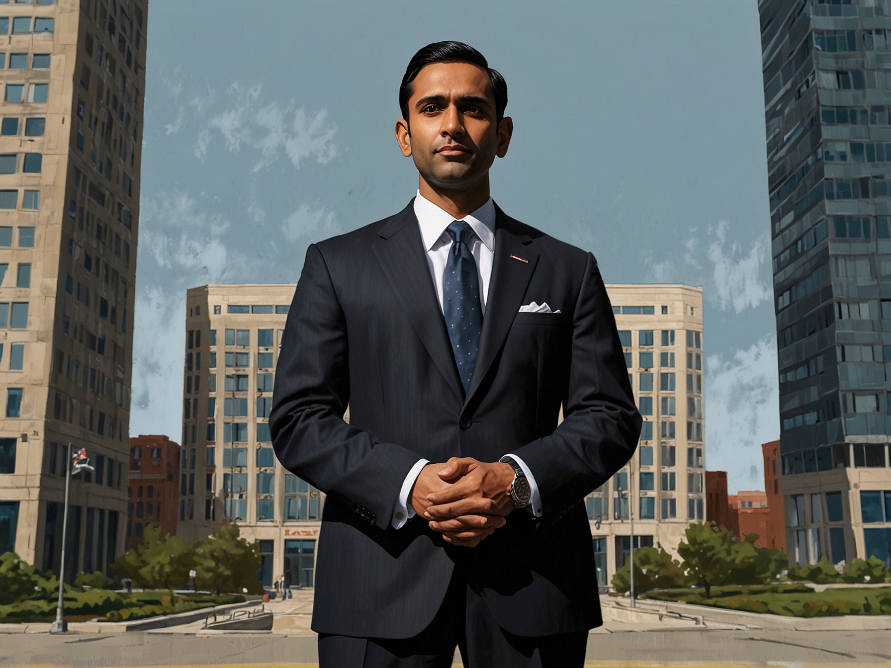 A depiction of Kash Patel standing before the iconic FBI building, symbolizing the intersection of politics and justice in his controversial nomination. His expression reflects determination yet raises questions about integrity.