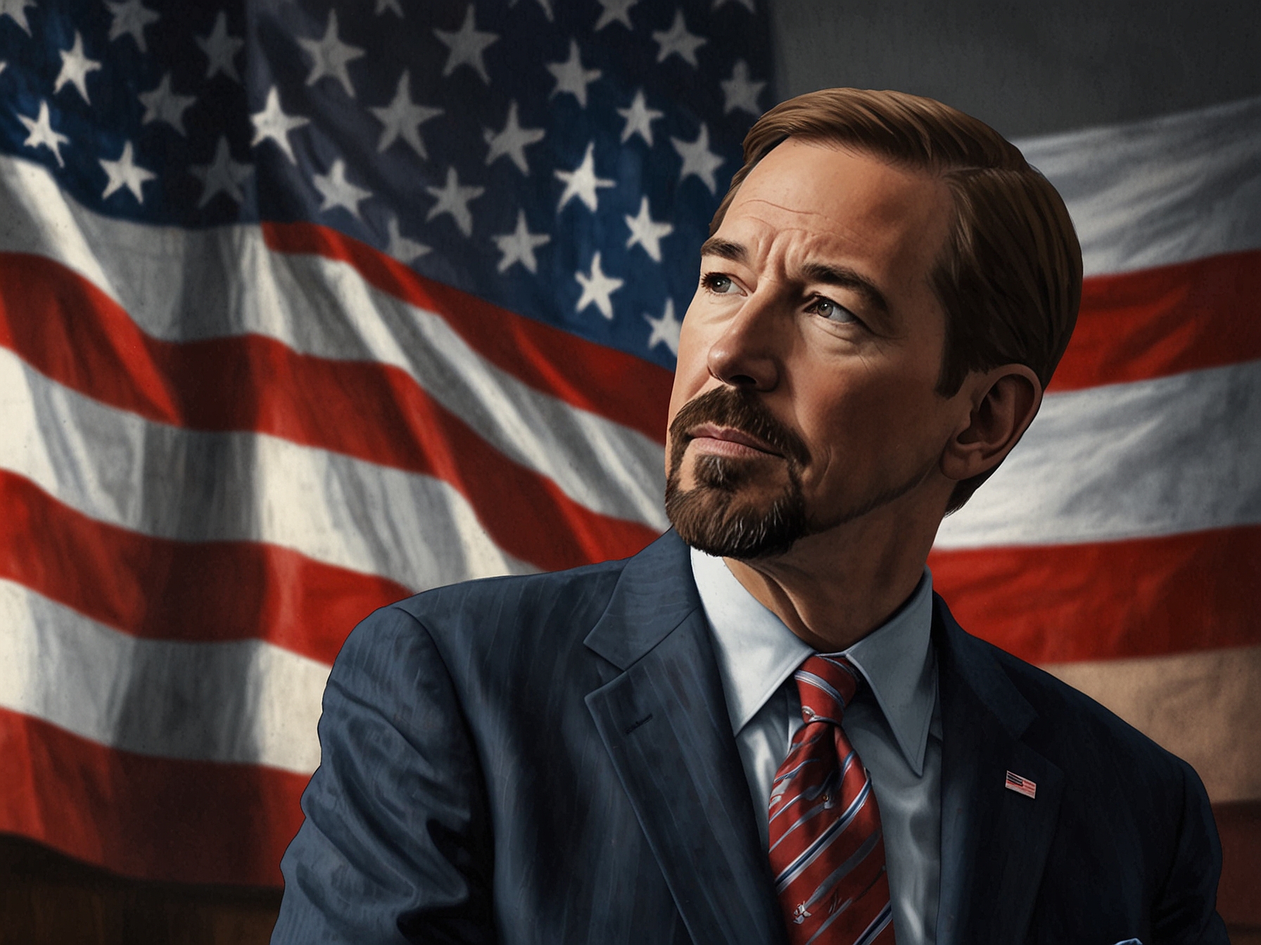 A thoughtful Chuck Todd discussing the implications of Biden's pardon for Hunter, set against a backdrop of American flags, symbolizing political and personal struggles.