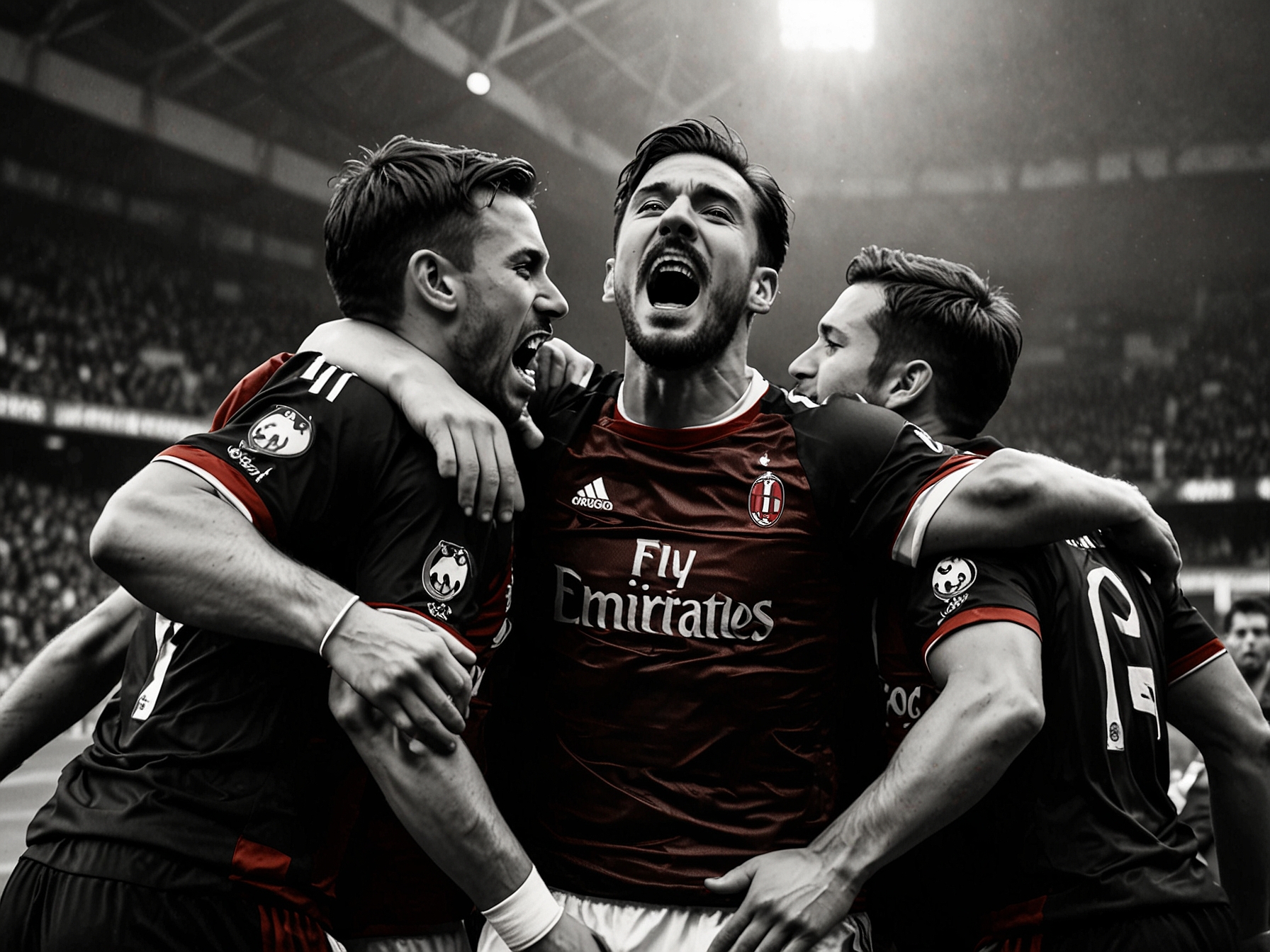 An exhilarating image capturing the intense moment of AC Milan's players celebrating a goal during their 6-1 victory against Sassuolo, showcasing teamwork and excitement.