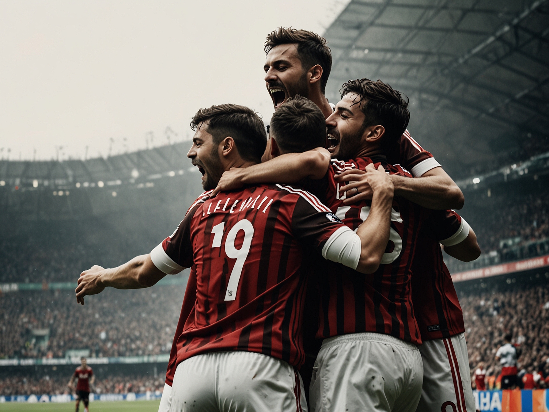 The ecstatic AC Milan fans in the stands, waving flags and cheering passionately as their team dominates Sassuolo in the Coppa Italia match at the stadium.