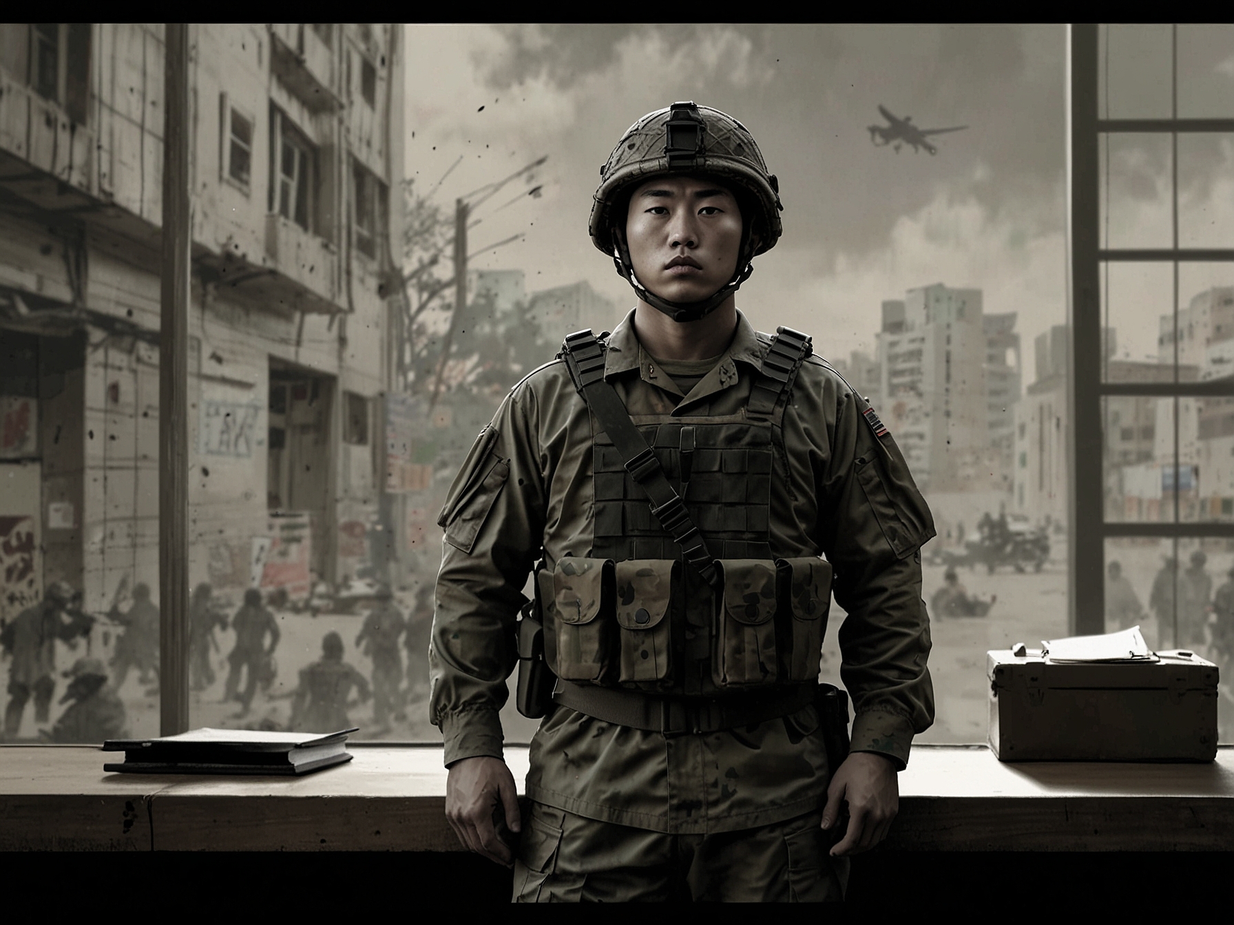A concerned citizen observing military personnel during the martial law declaration, illustrating the anxiety and skepticism surrounding government actions and public safety.