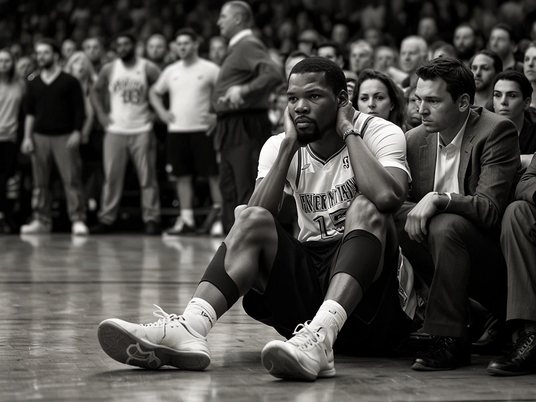 A close-up of Kevin Durant on the ground after an awkward landing, grimacing in pain while clutching his ankle, capturing the shock of the moment for fans and players alike.