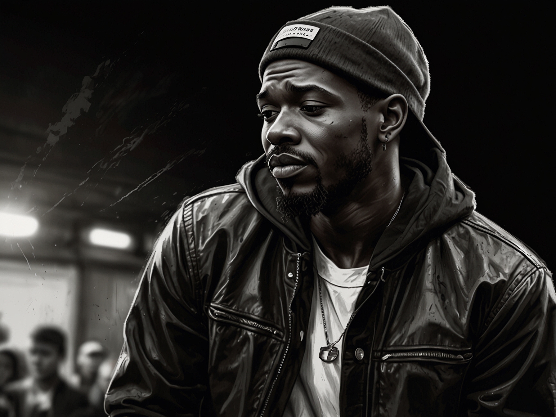 A portrait of October London performing on stage, showcasing his passion for music and connection with the audience, dressed in stylish urban attire with emotional expression.
