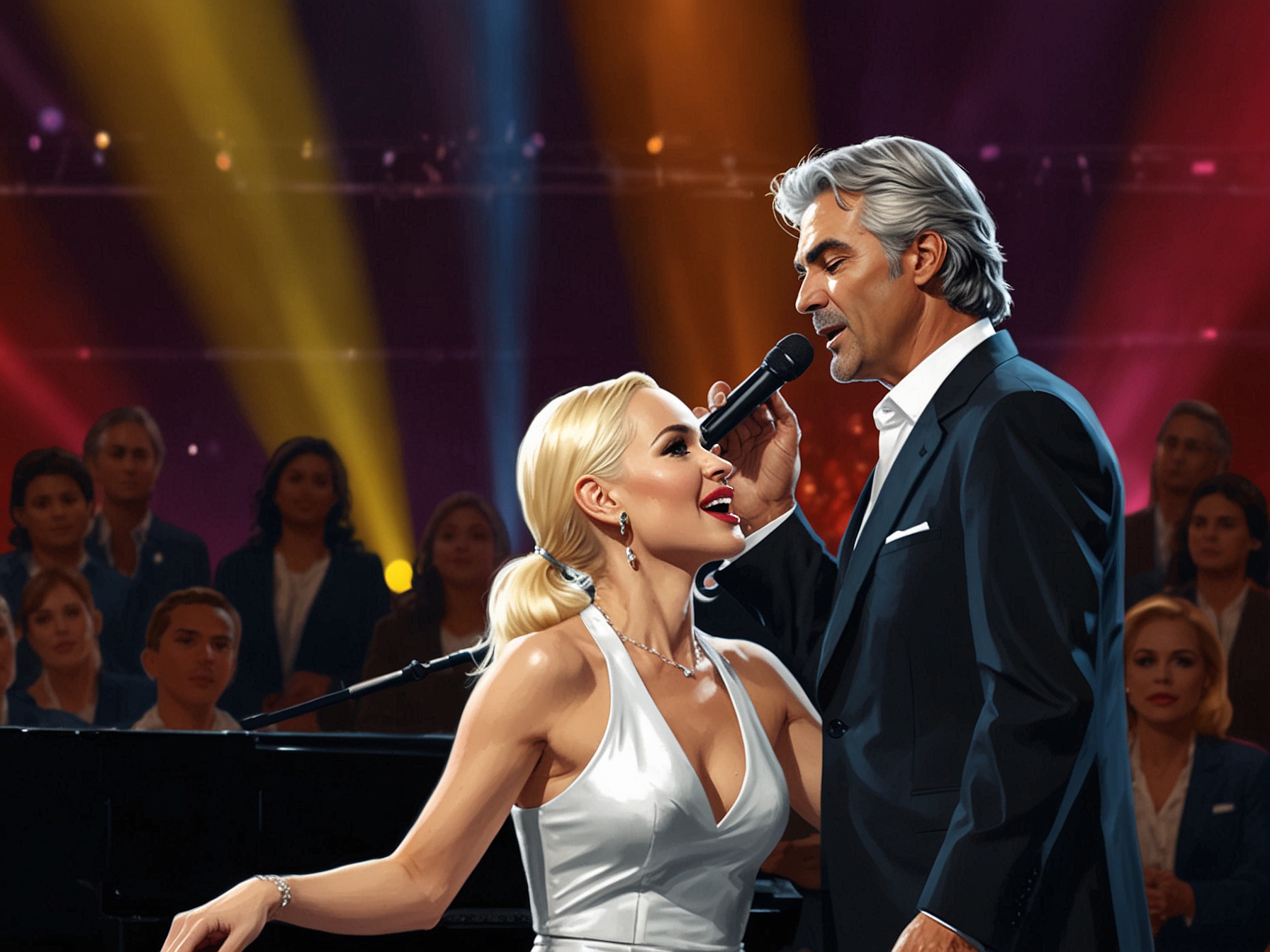An image of Gwen Stefani and Andrea Bocelli performing on stage together, surrounded by colorful lights and a captivated audience, showcasing their powerful duet. The stage is set with grand musical elements highlighting their collaboration.