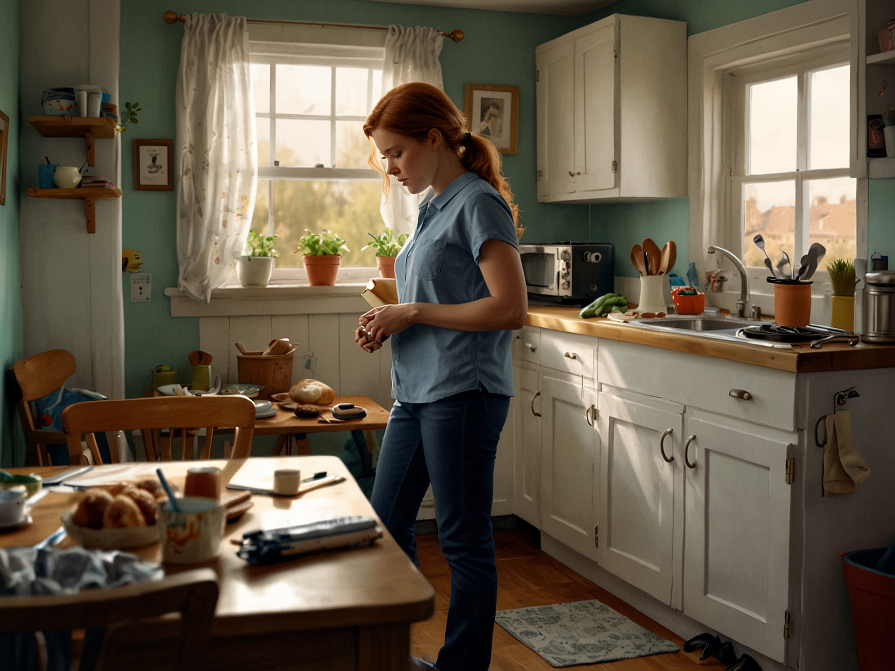 A tired mother, played by Amy Adams, stands in a cluttered kitchen, cooking breakfast while her toddler plays nearby. Her expression shows a mix of exhaustion and contemplation, symbolizing the monotony of daily parenting.