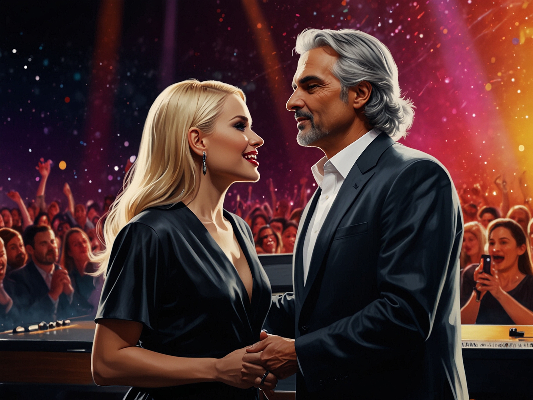 A close-up of Gwen Stefani and Andrea Bocelli in a recording studio, passionately working on their duet 'Holding On', with musical notes and instruments in the background representing their artistic synergy.