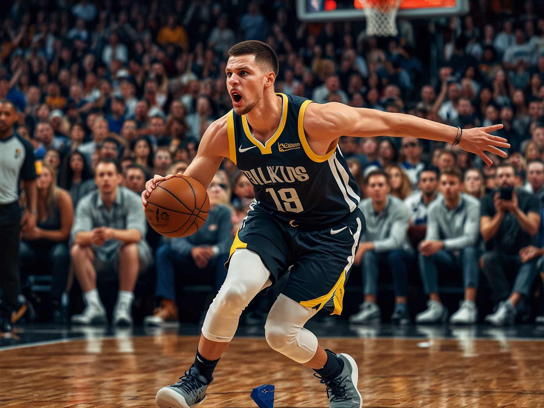 An action-packed moment from the game, showcasing Nikola Jokic driving to the basket, with Steph Curry defending aggressively as the crowd erupts in excitement.