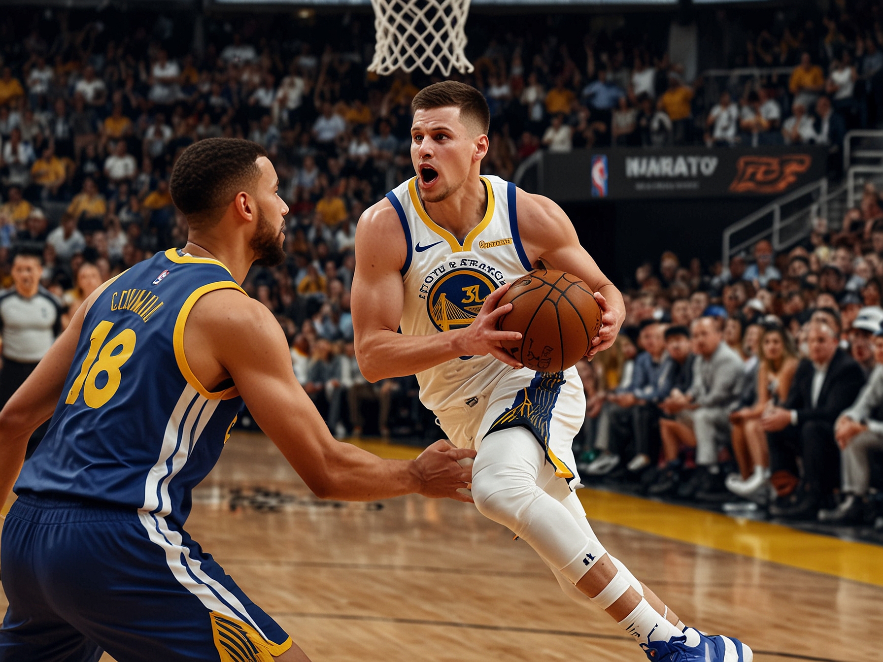 Nikola Jokic celebrating after scoring a crucial mid-range jumper, with teammates rallying around him, representing triumph and camaraderie amid fierce competition.