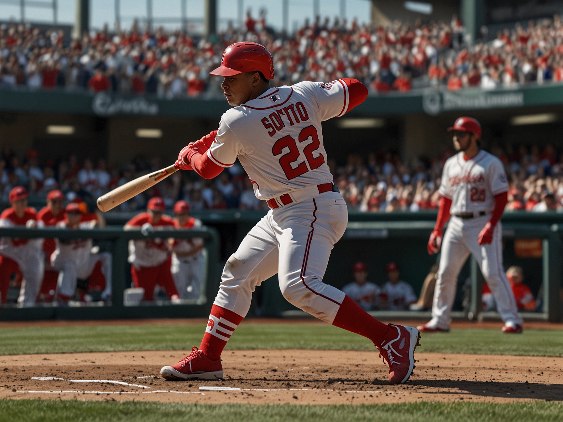 An image showing Juan Soto in action on the field, showcasing his batting technique while wearing his team uniform, surrounded by fans in a packed stadium.