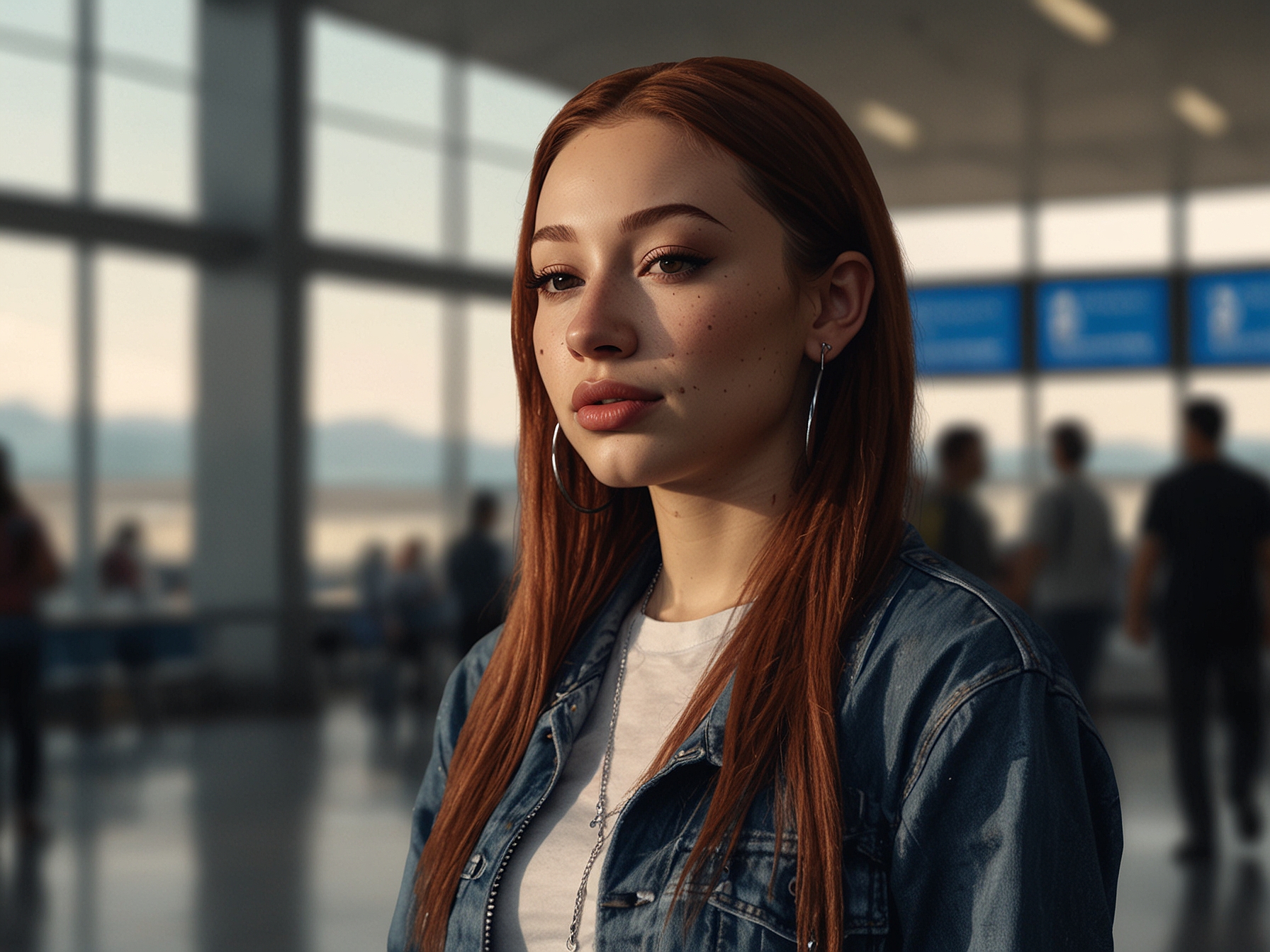 An emotional portrait of Bhad Bhabie, standing confidently at an airport, showcasing her strength and vulnerability during her cancer battle, with a gentle smile.