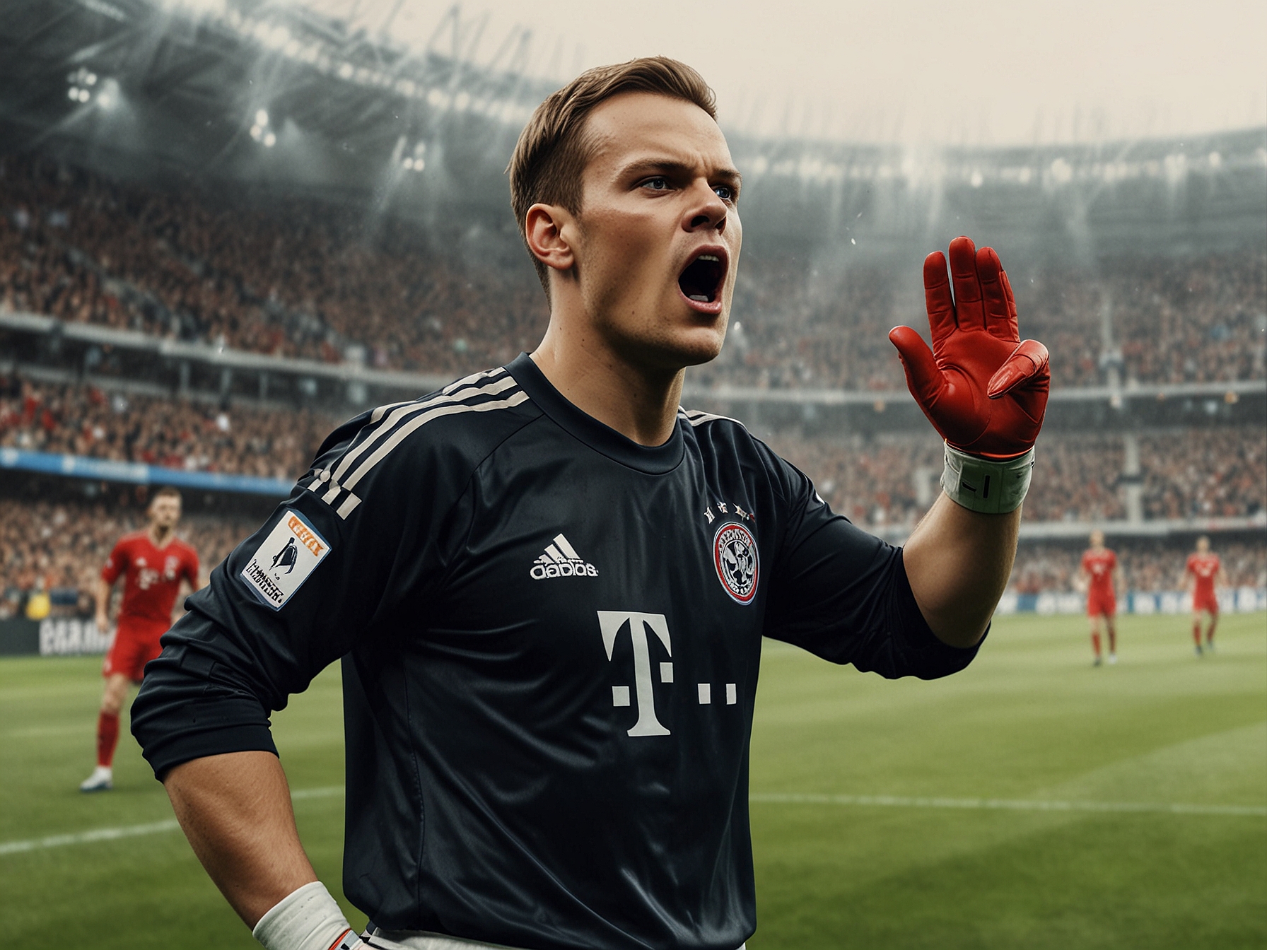 An intense moment in a football match showing Manuel Neuer, in goalkeeper attire, being shown a red card by the referee, while the crowd reacts with shock and disappointment.