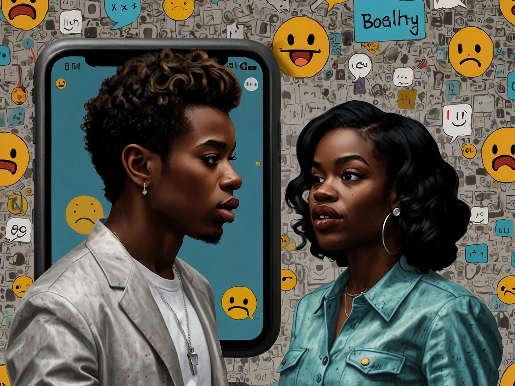 A tense digital conversation displayed on a smartphone screen, featuring tweets from Matty Healy and Azealia Banks with angry emojis and public responses highlighting controversy and backlash.