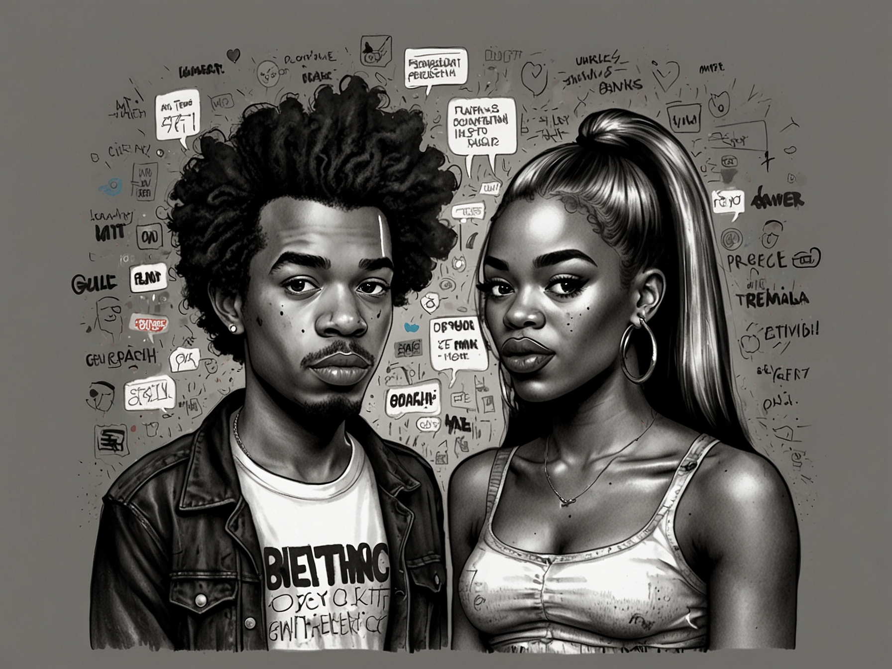 A split image of Matty Healy and Azealia Banks, each in their music environments, with bold text overlay showcasing keywords like 'Controversy' and 'Accountability'.