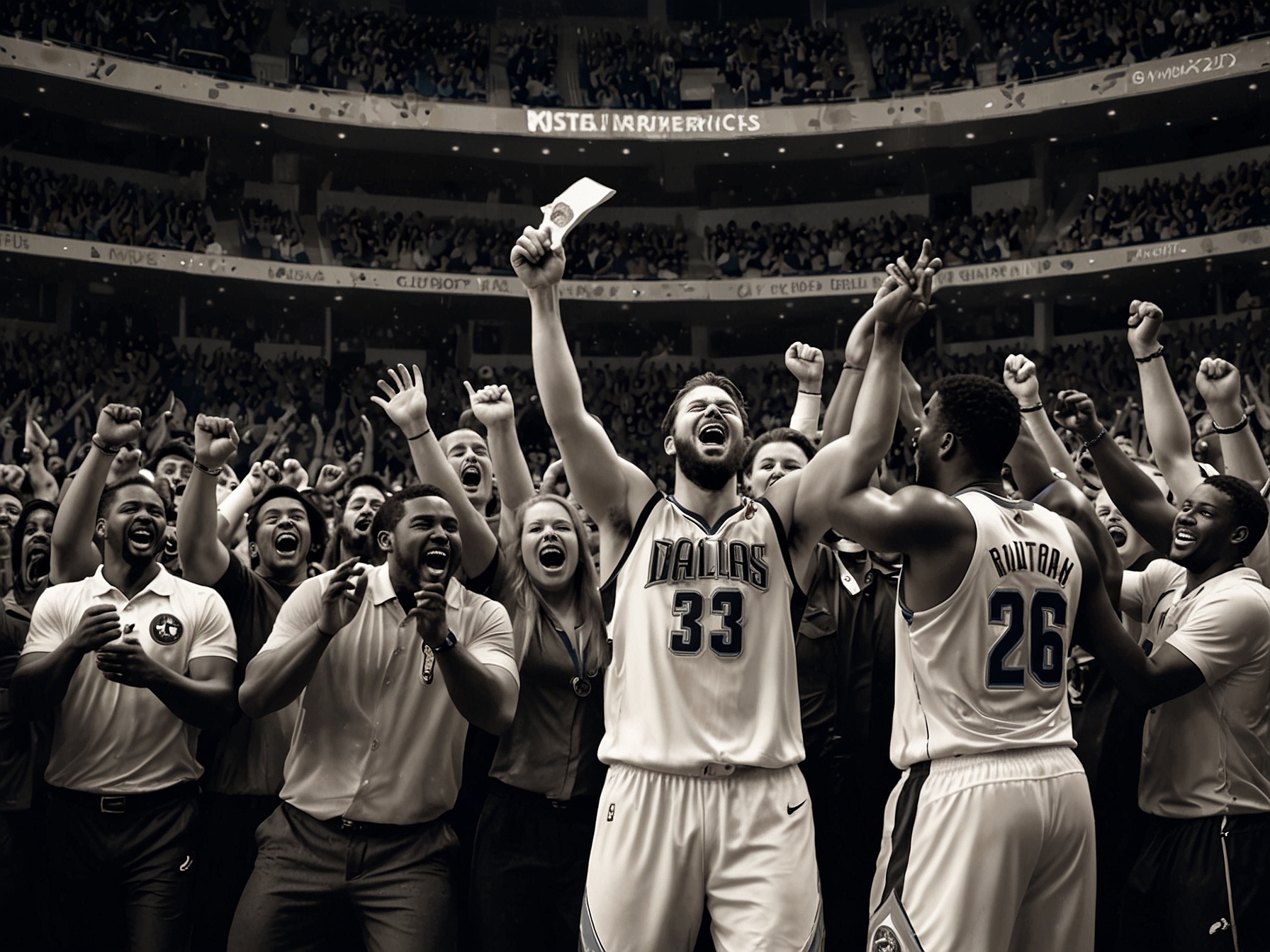 The Dallas Mavericks celebrating their hard-fought victory against the Memphis Grizzlies, showcasing the team's unity and excitement in a packed arena with fans cheering.