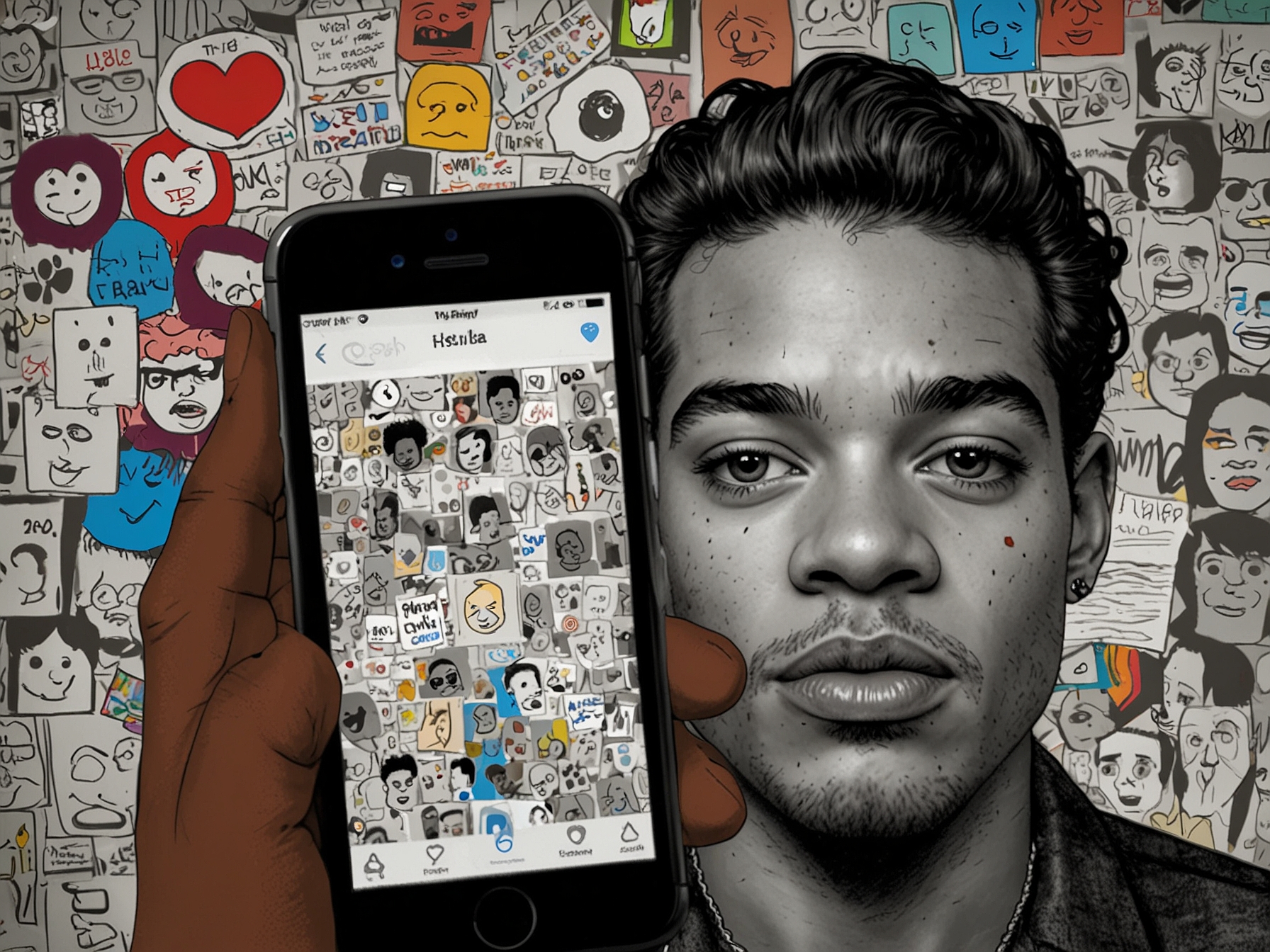An abstract portrayal of social media chaos, with swirling graphics of hashtags and notifications symbolizing the rapid spread of public opinion and outrage following the altercation between Healy and Banks.