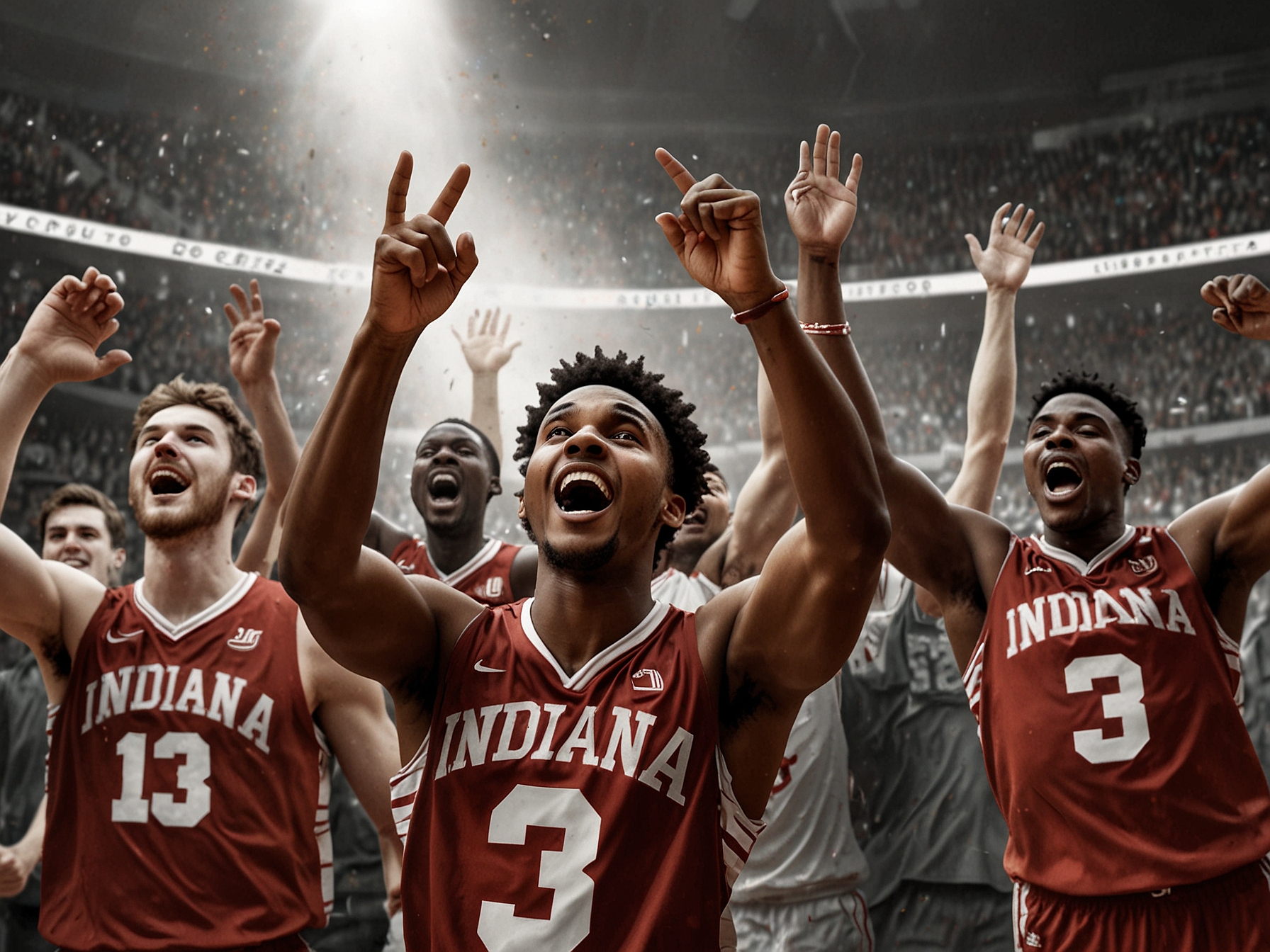 Indiana Hoosiers basketball players celebrating after scoring, showing team unity and enthusiasm during the game against Sam Houston State. The crowd is energized and supportive, reflecting the excitement of the victory.