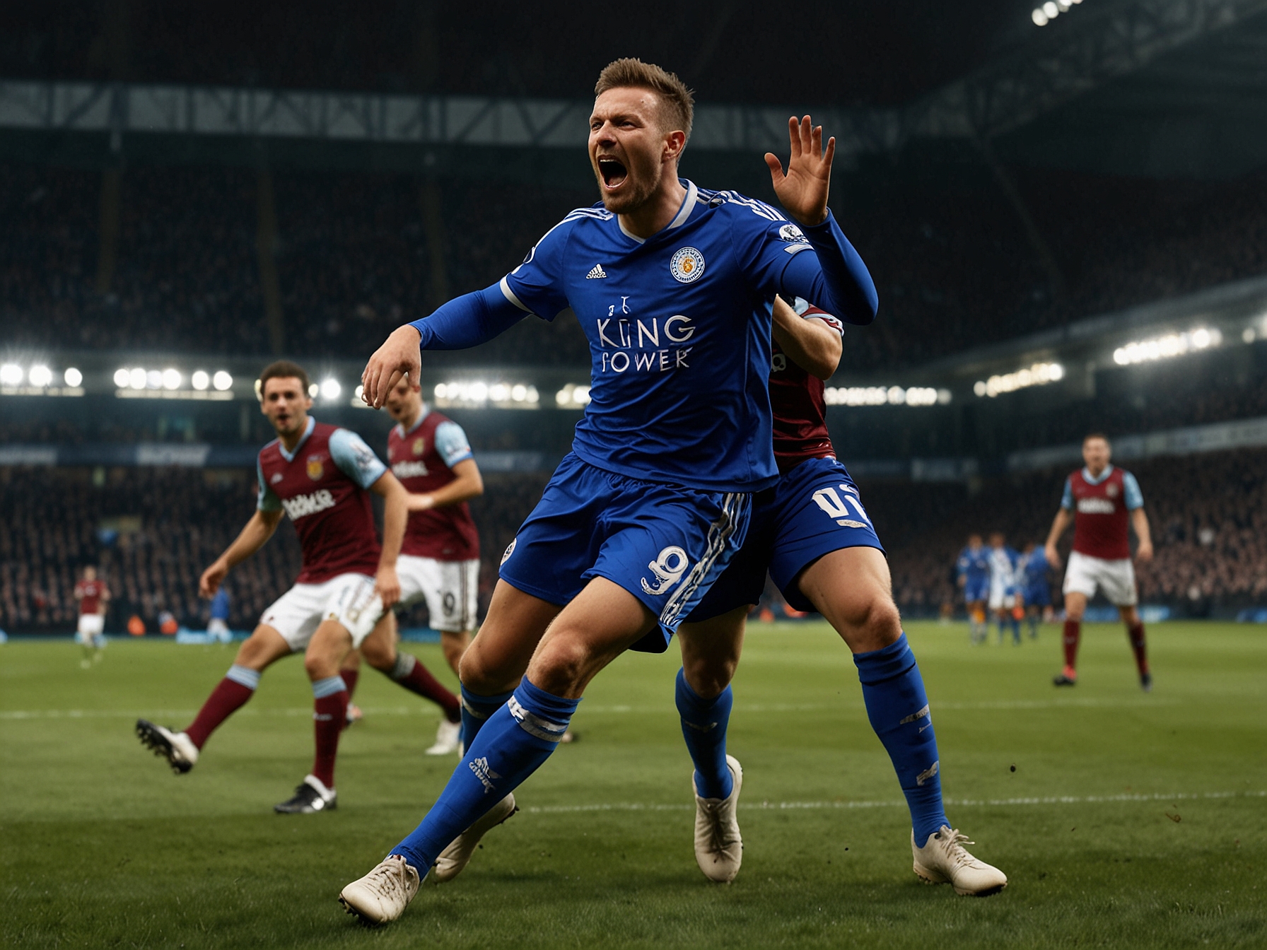 An action-packed scene from the Leicester City vs West Ham United match, capturing Jamie Vardy celebrating his goal with Ruud van Nistelrooy on the sidelines. The excitement of the crowd is palpable, reflecting the significance of the victory for Leicester's future.
