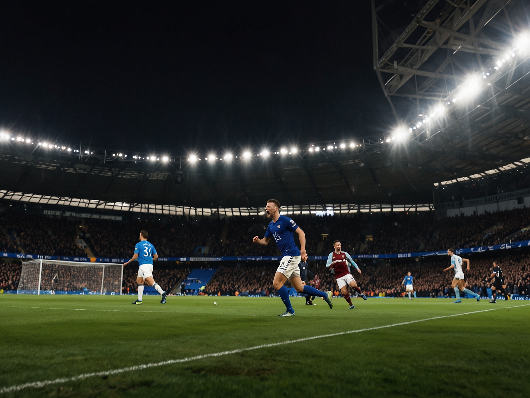 A close-up of Jamie Vardy scoring a goal, with VAR officials reviewing the play in the background. The image captures the tension and excitement of the moment, highlighting Vardy's crucial role in the team's victory under Van Nistelrooy’s management.