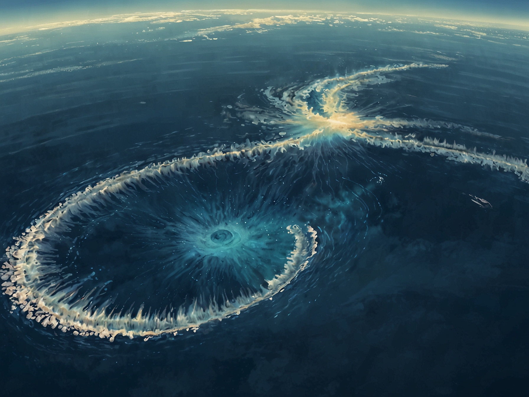 An aerial view of the ocean with a digital overlay showing anomalies in Earth's magnetic field, highlighting the path of Flight 370.