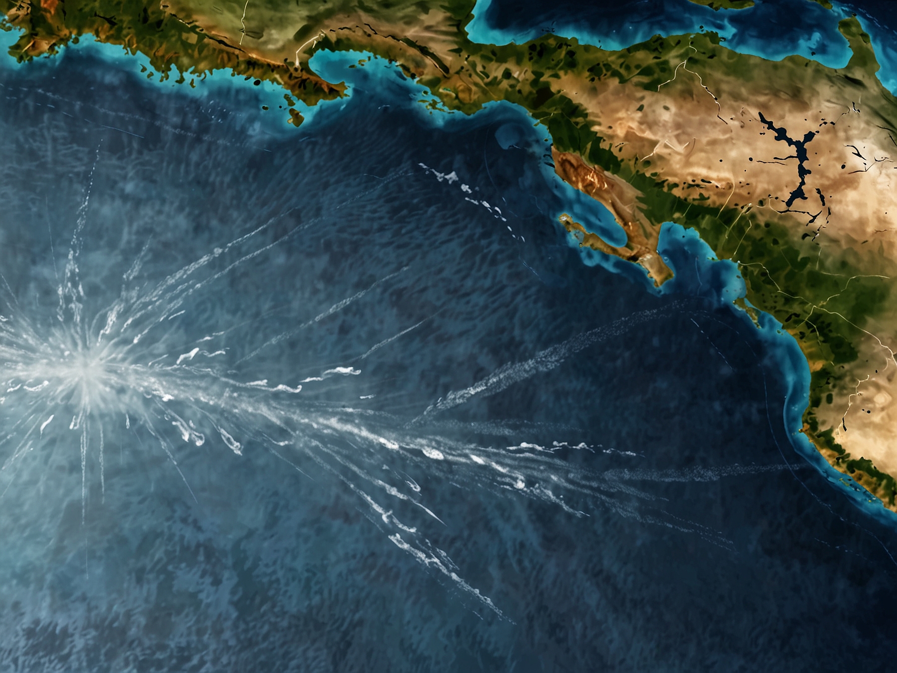 A group of scientists analyzing satellite data on computers, with images of Flight 370 and magnetic field anomalies displayed on their screens.