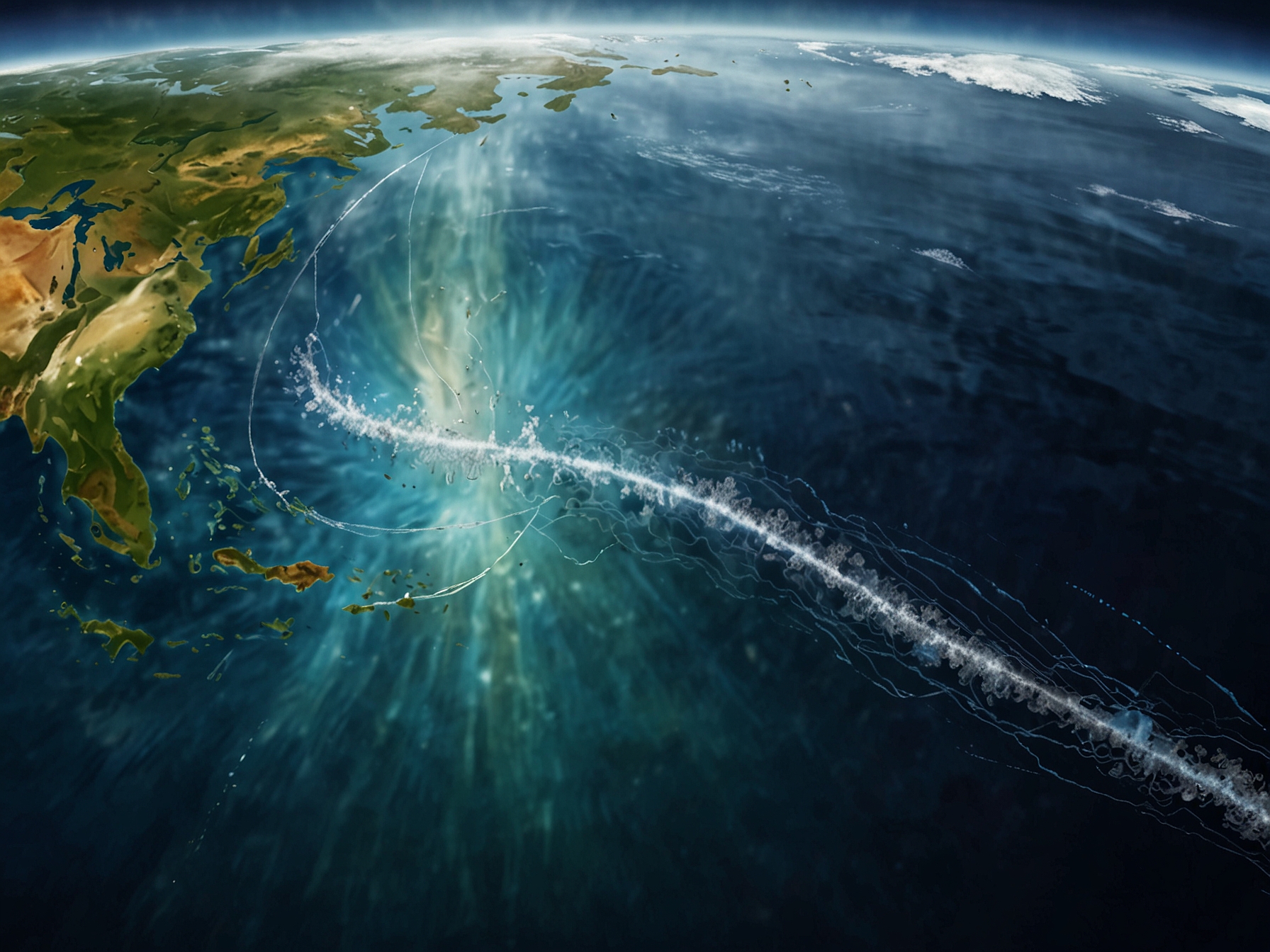 A darkened room filled with maps and high-tech equipment, illustrating the intense research and technological efforts to unravel the mystery of Flight 370.