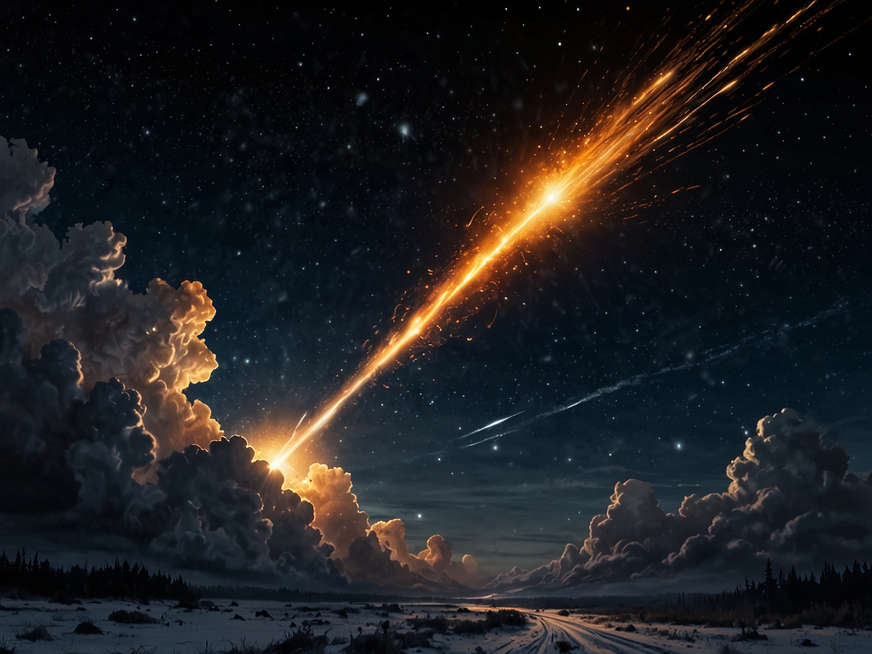 A digital illustration of an asteroid labeled C0WEPC5 entering Earth's atmosphere, highlighting the dramatic moment of impact with a brilliant flash of light.