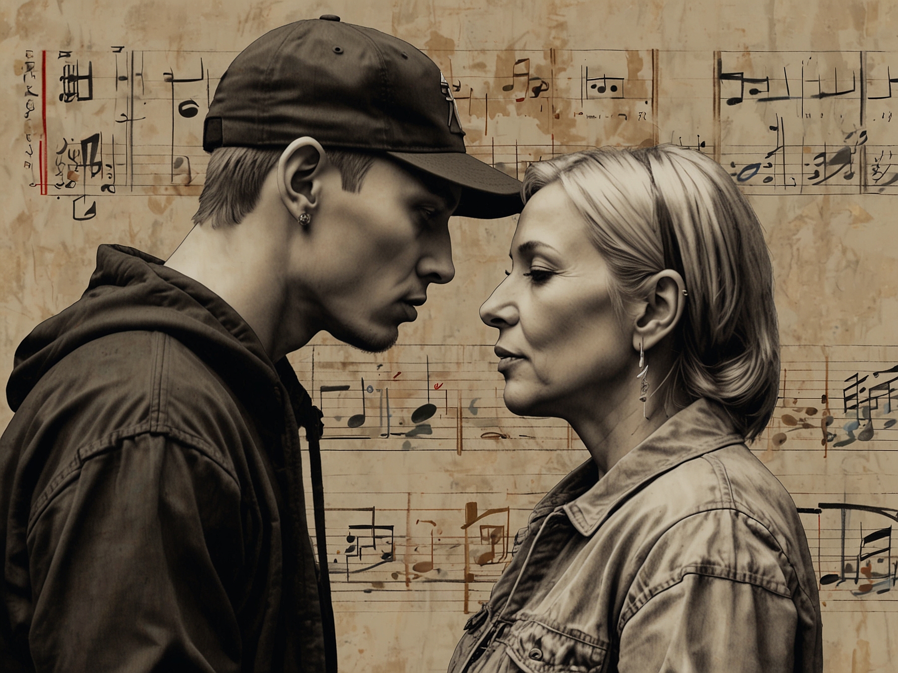 A poignant image of Eminem and his mother Debbie, capturing their emotional connection amidst a backdrop of musical notes, symbolizing the influence of their relationship on his songwriting.