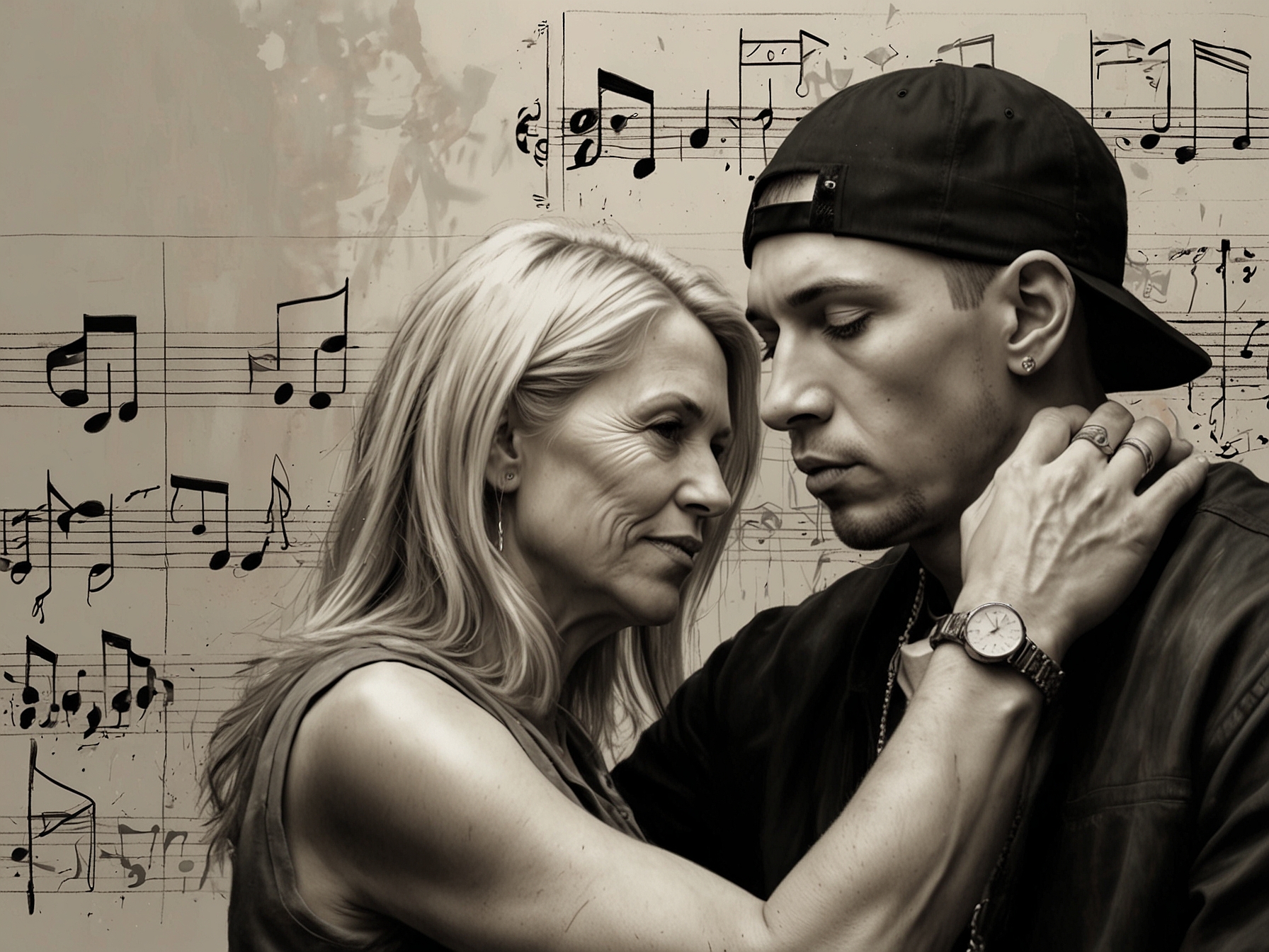 A close-up of a handwritten letter from Eminem to his mother, expressing love and complexity, surrounded by a backdrop of vintage photographs from their past.