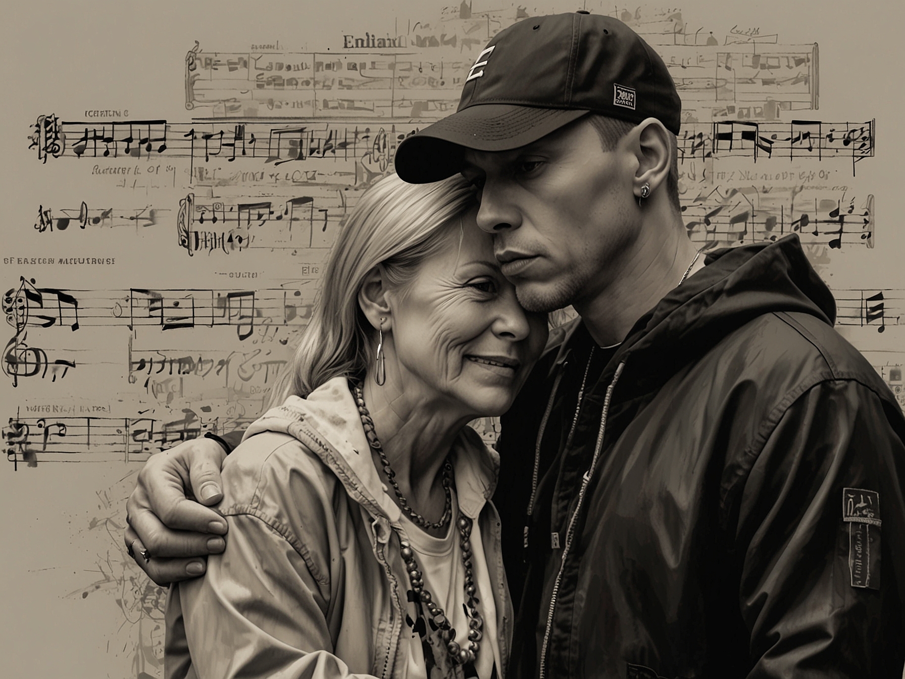 An artistic depiction of Eminem on stage, performing with deep emotion, with a silhouette of Debbie in the background, representing his lyrical inspiration and their shared journey.