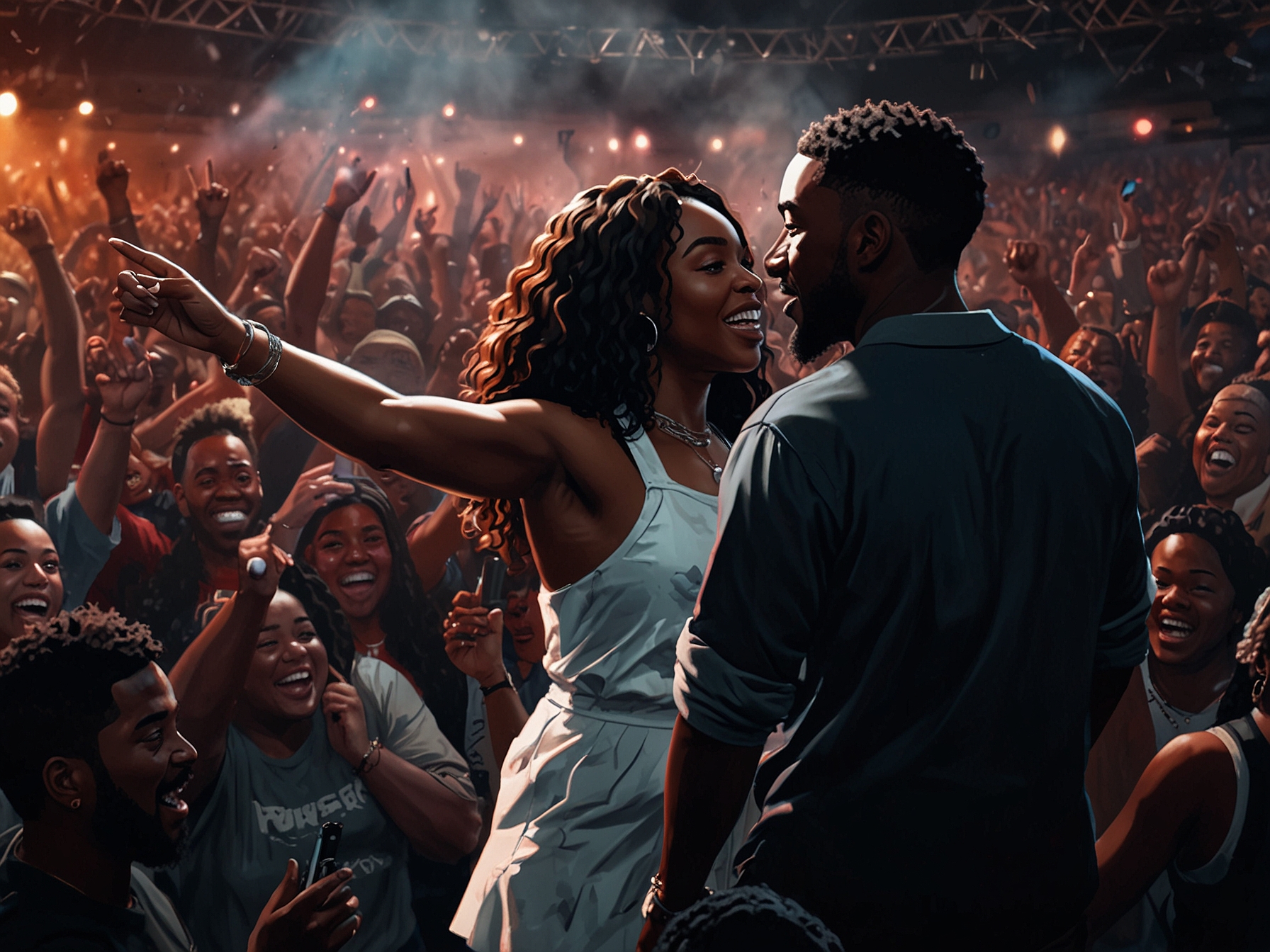 A vibrant concert scene showcasing Kendrick Lamar and SZA performing together on stage, filled with cheering fans and dynamic lighting that captures the energy of live music.